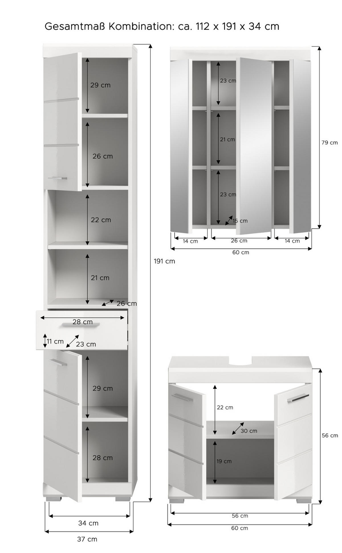 BADMÖBEL-SET weiß Hochglanz 3-teilig 112 cm, Komplettset mit viel Stauraum - Weiß Hochglanz, Glas/Holzwerkstoff (112/191/34cm) - Inn.Furn