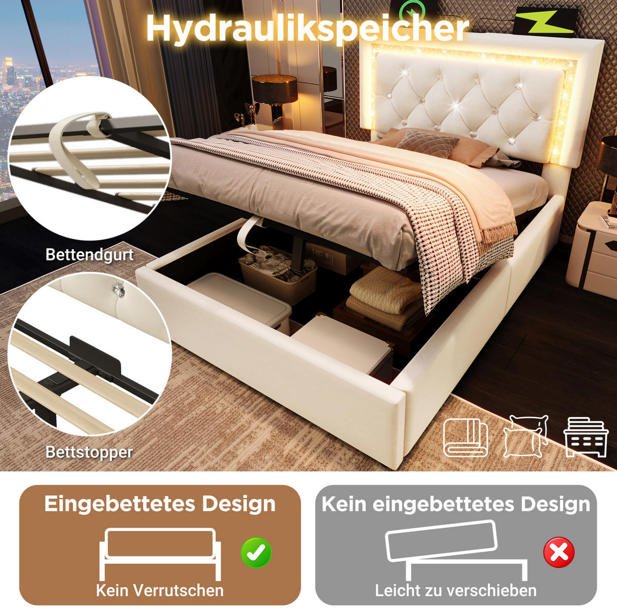 POLSTERBETT 90/200 cm Beige mit LED-Beleuchtung und Bettkasten aus Samt - Beige, Textil (90/200cm) - OKWISH