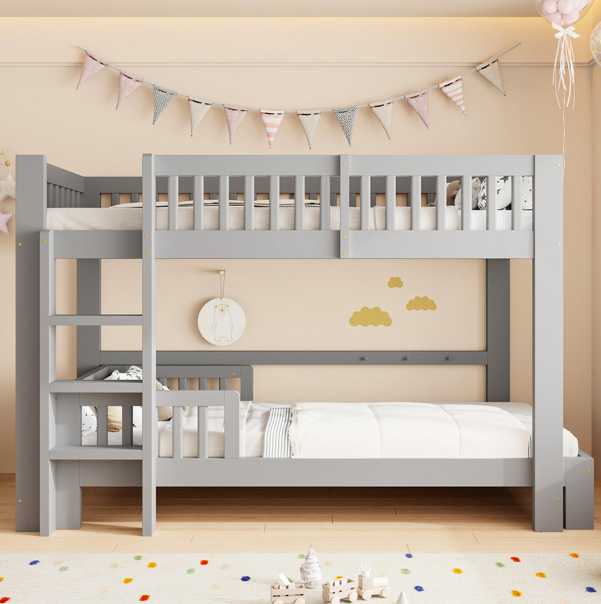 KINDERBETT-SET aus Kiefernholz 90x200 cm Grau, modular als Hoch- und Einzelbett - Grau, Holz (90/200cm) - Modfu