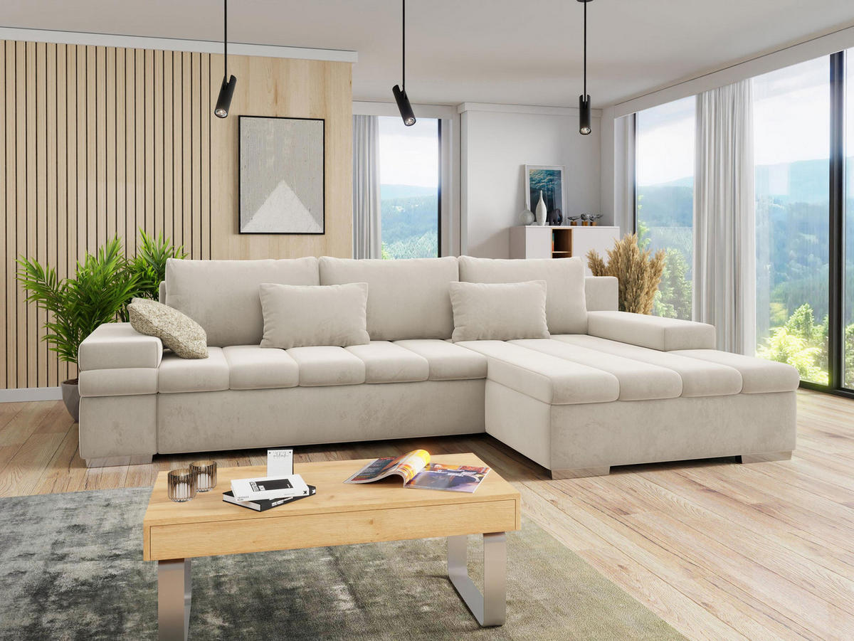 ECKSOFA Bangkok Premium, Seite: Rechts - Sandfarben/Silberfarben, Holz/Textil (310/175cm) - MIRJAN24