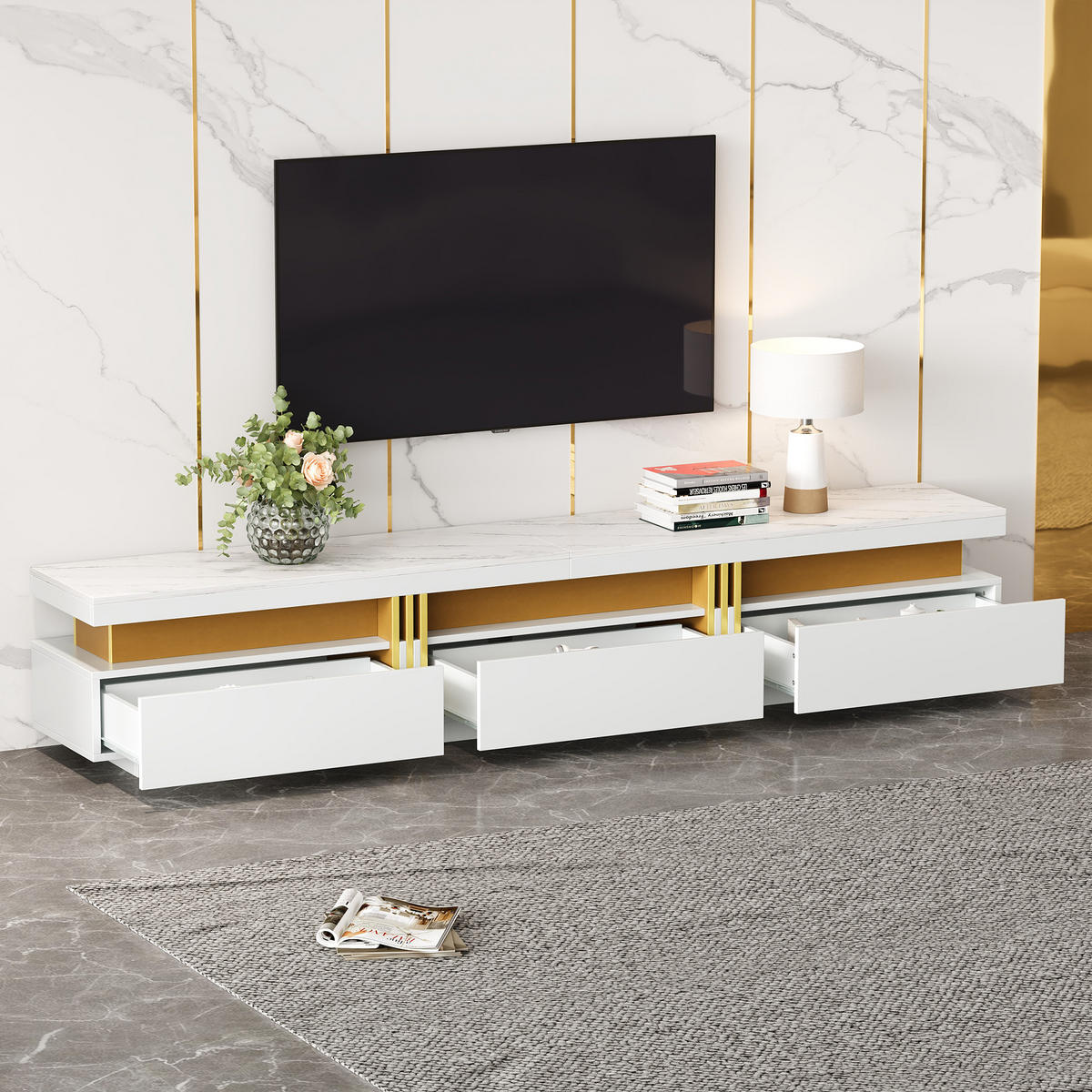 LOWBOARD in Weiß mit Marmor-Optik und Schubladen für Wohnzimmer, B200/T40/H42 cm - Weiß, Holzwerkstoff (200/42/40cm) - STILVORA