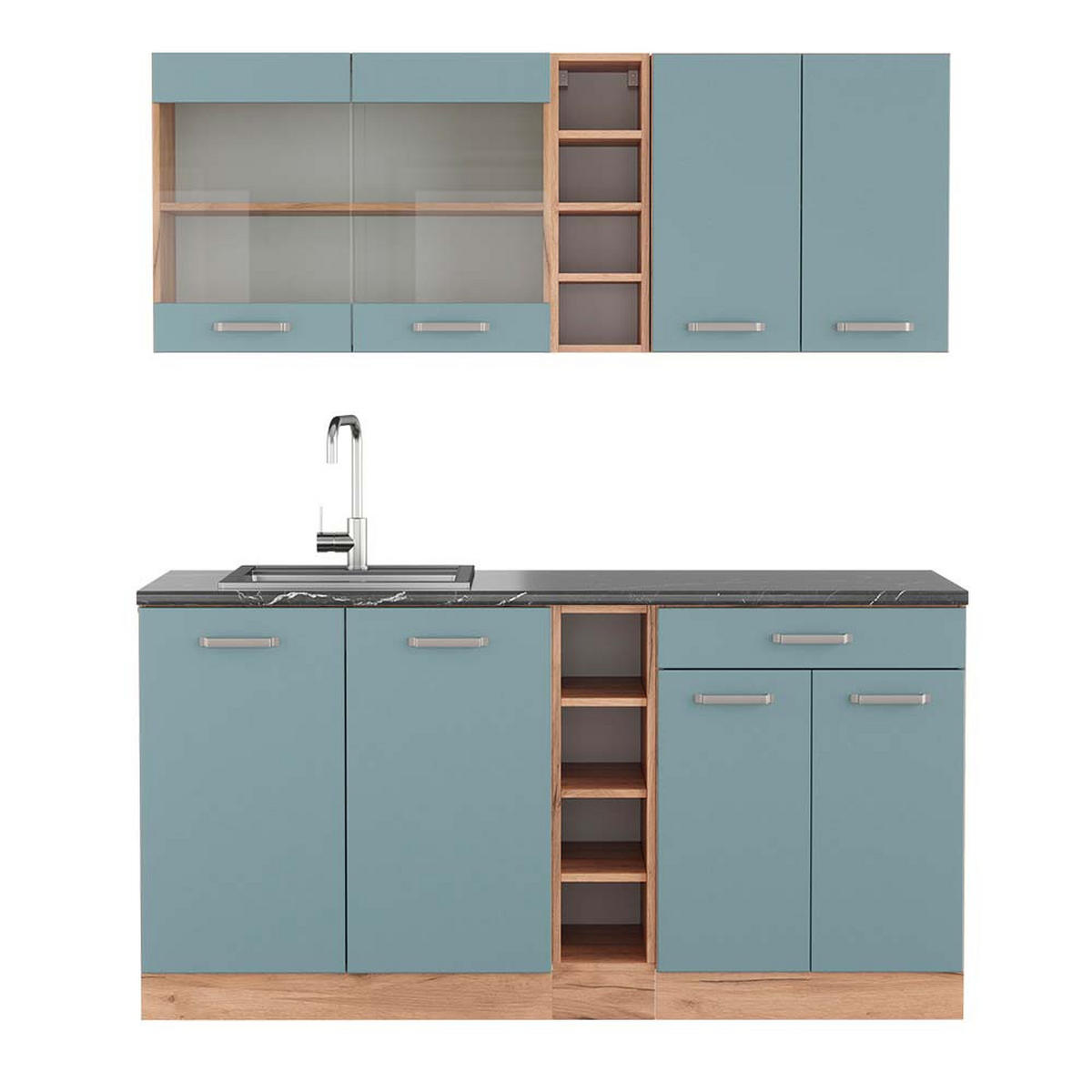 SINGLEKÜCHE R-Line Blau-Grau/Goldkraft Eiche 160 cm, AP Anthrazit - Honigeiche/Blaugrau, Holzwerkstoff (160/81.6/60cm) - Vicco