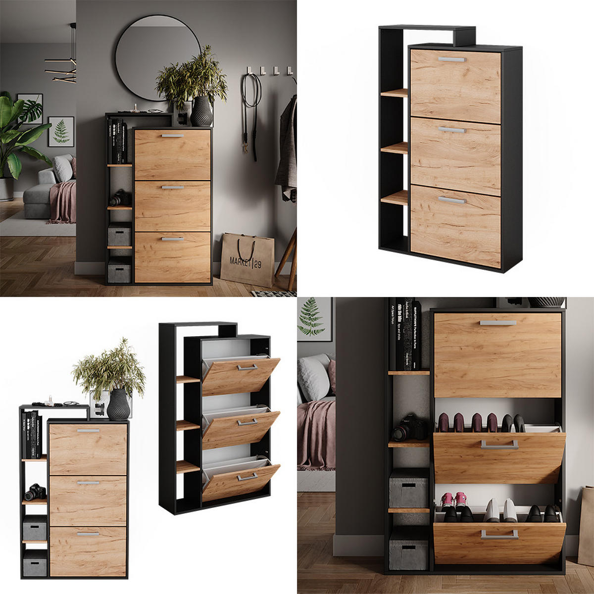 SCHUHKOMMODE Orlando Goldkraft Eiche 80 x 128.3 cm mit 3 Fächern - Eiche Wotan, Holzwerkstoff (80/128.3/24.2cm) - Vicco
