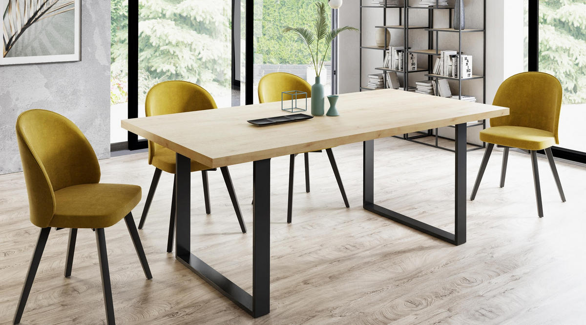ESSTISCH rechteckiger, ausziehbarer LOFFTI, mit Metallbeinen, Loft-Stil, Industriel, skandinavisch: 80x120/220 cm. Farbe: Eiche Lefkas/Schwarz - Dunkelbraun, Metall (120/80/76cm) - Dekori_Interiors