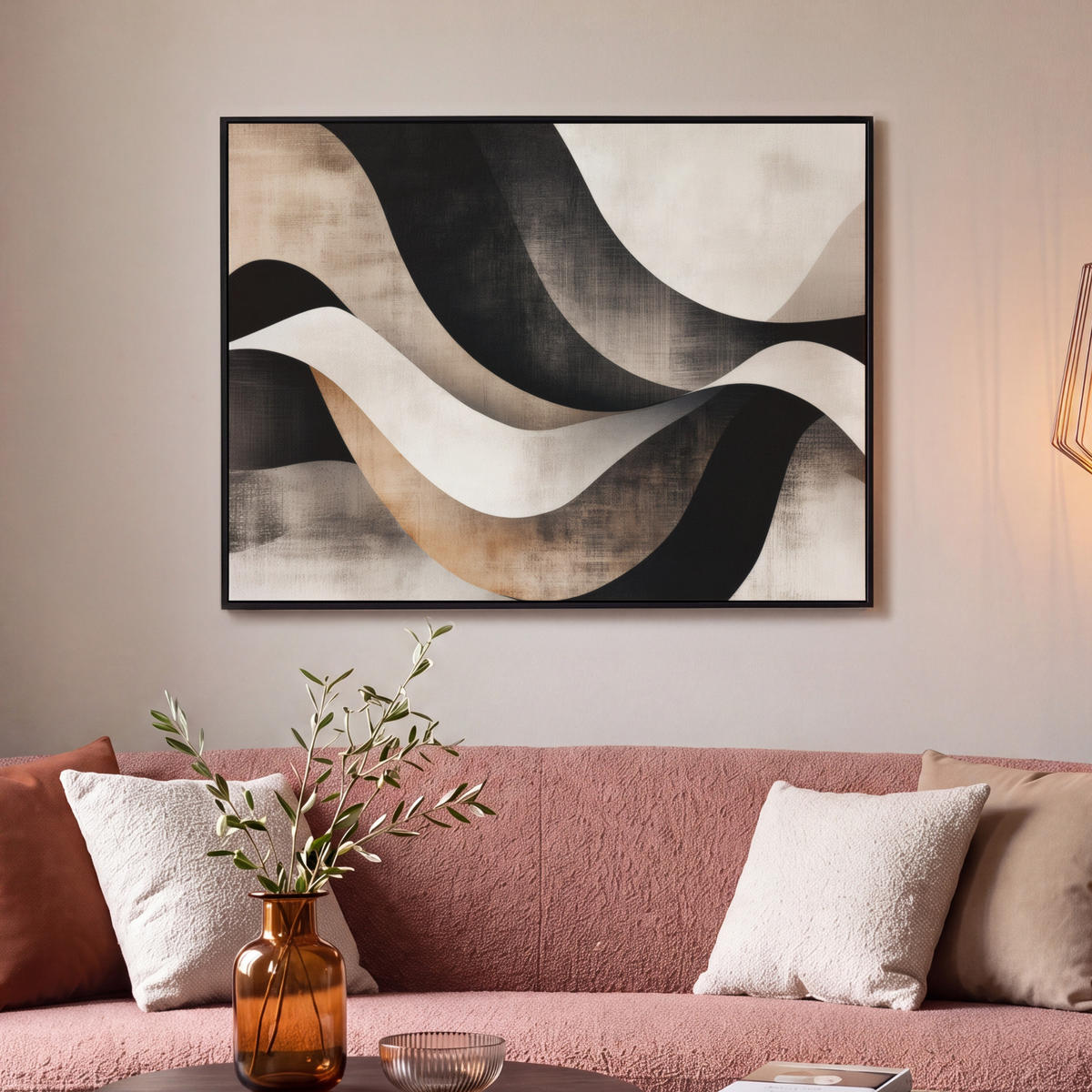 LEINWAND Bilder mit Rahmen - Abstrakt - Wellen - Schwarz - Verwittert - 100x70 - Trüffeleichefarben, Textil (100/70cm) - MuchoWow