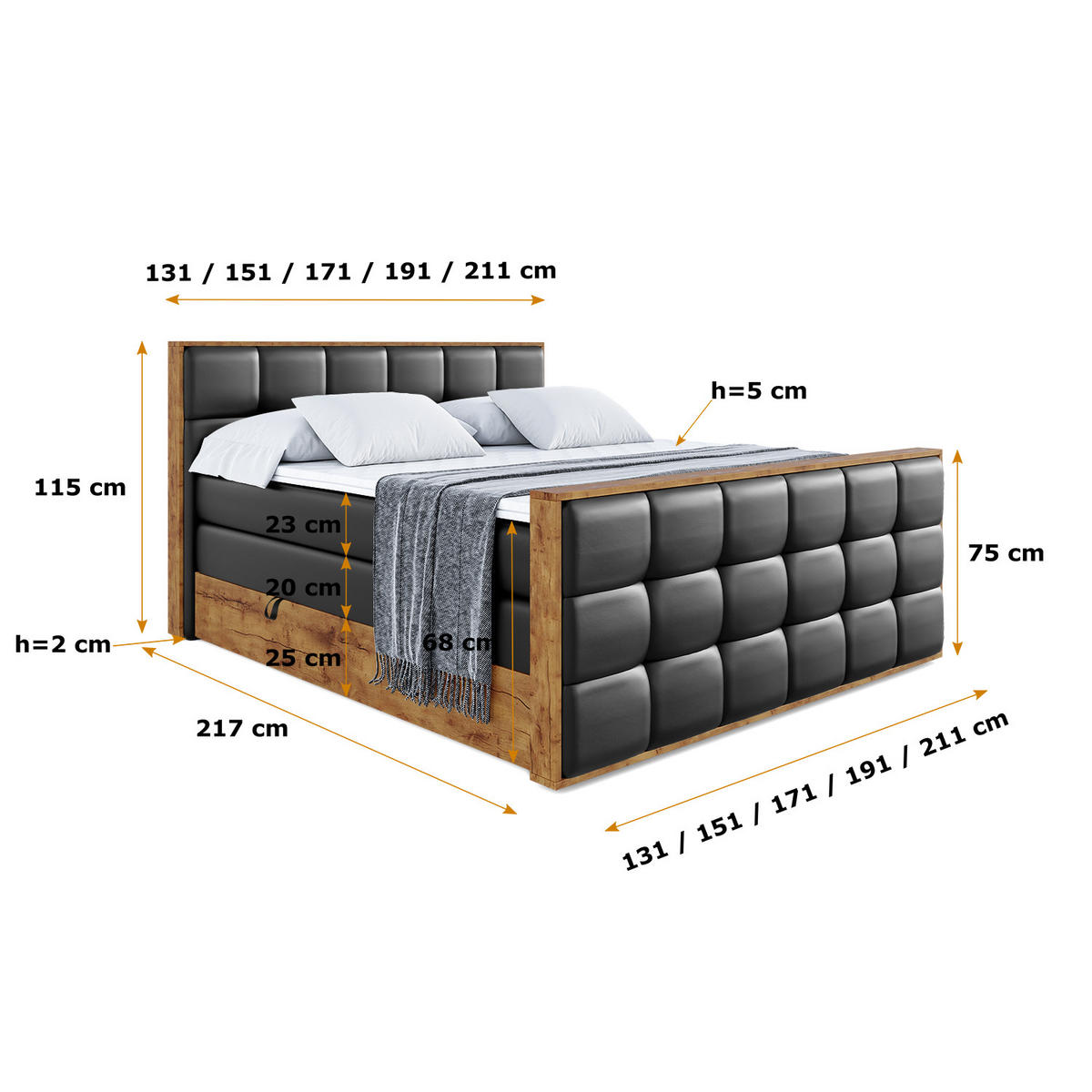 BOXSPRINGBETT mit Matratze H3|H4 und Lattenrost - LOLLI7-Z KING-120x200 - Schwarz Kunstleder - Schwarz, Holzwerkstoff (120/200cm) - ALTDECOR