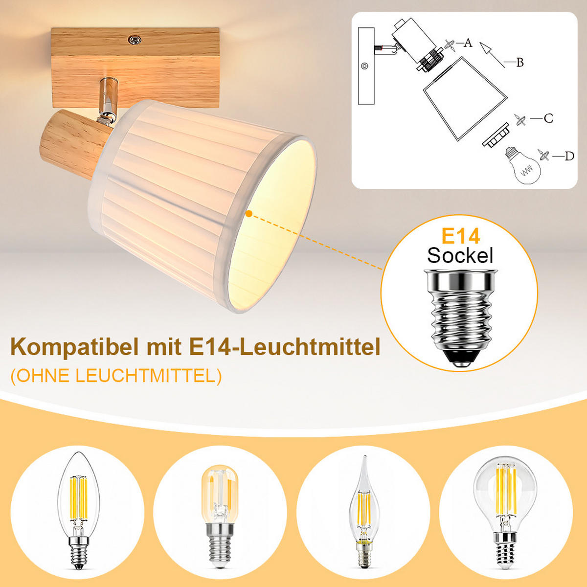 DECKENSTRAHLER Glyveth 20/13/16 cm - Weiß/Braun, Holz/Textil (20/13/16cm) - ZMH