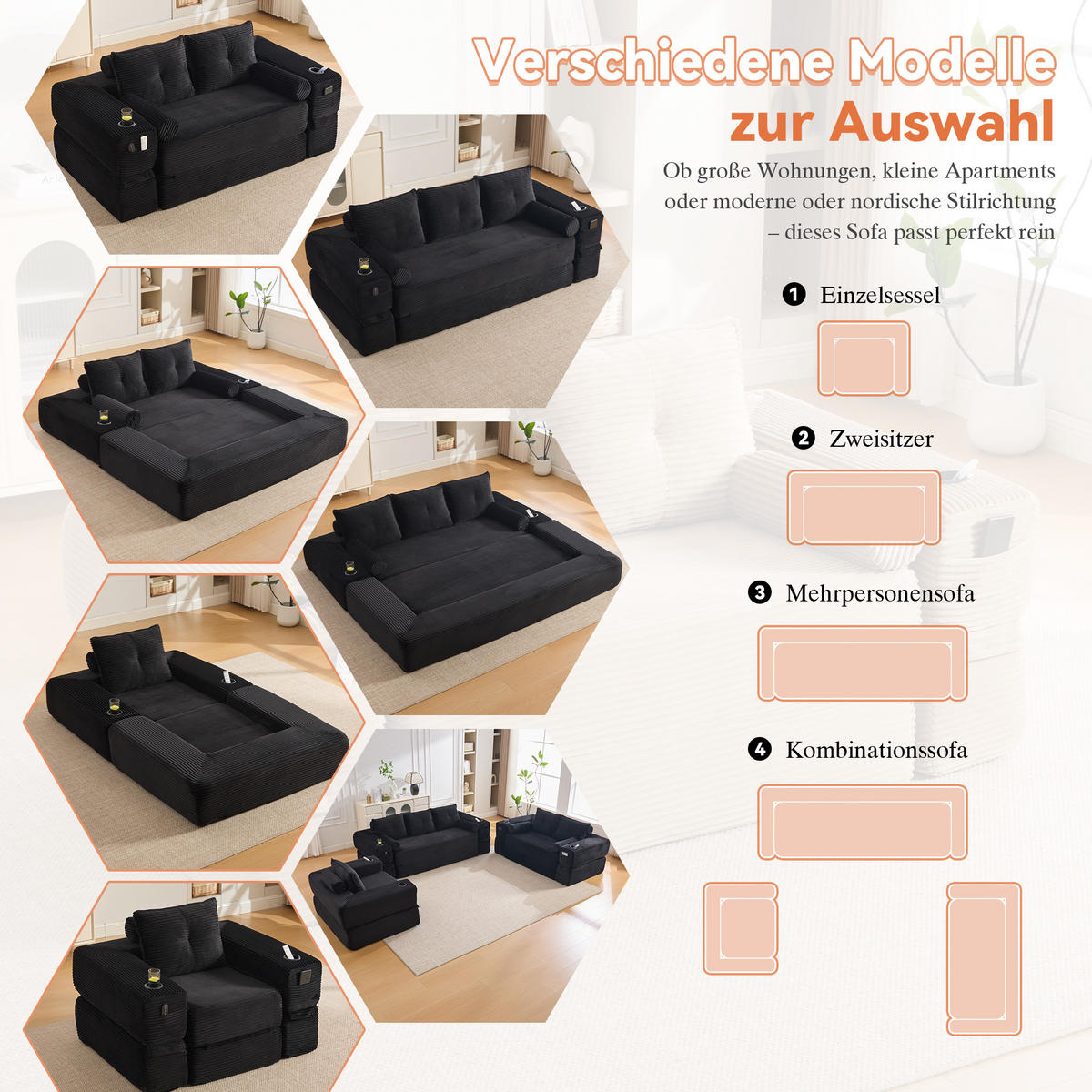 SCHLAFSOFA, 2-in-1 Klappsofa mit Getränkehalter, Modulares Bodensofa Cordstoff, Schwarz - Schwarz, Textil (232/80/98cm) - LVHOM