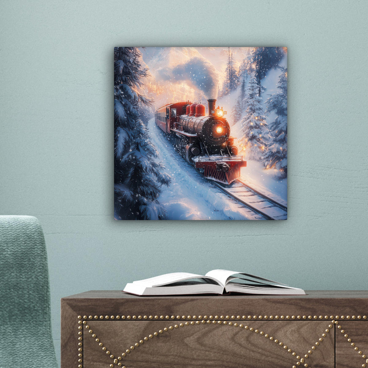 LEINWANDBILD Weihnachtszug - Schnee - Winter - Weihnachten 20x20 cm - Dunkelrot, Textil (20/20cm) - MuchoWow