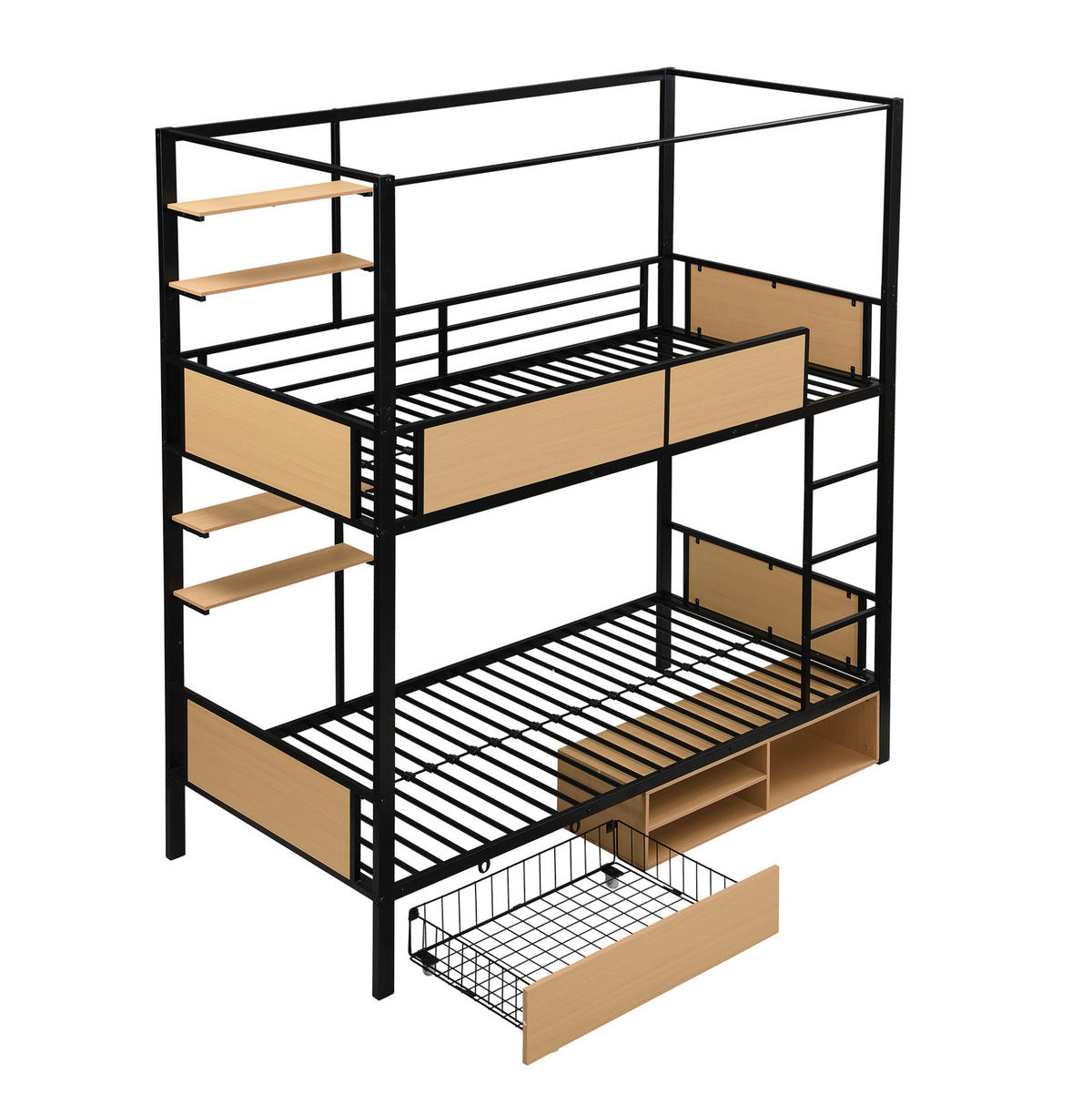 ETAGENBETT aus MDF und Metall 90x200 cm in Schwarz/Natur mit Stauraum - Schwarz, Holzwerkstoff (90/200cm) - Modfu
