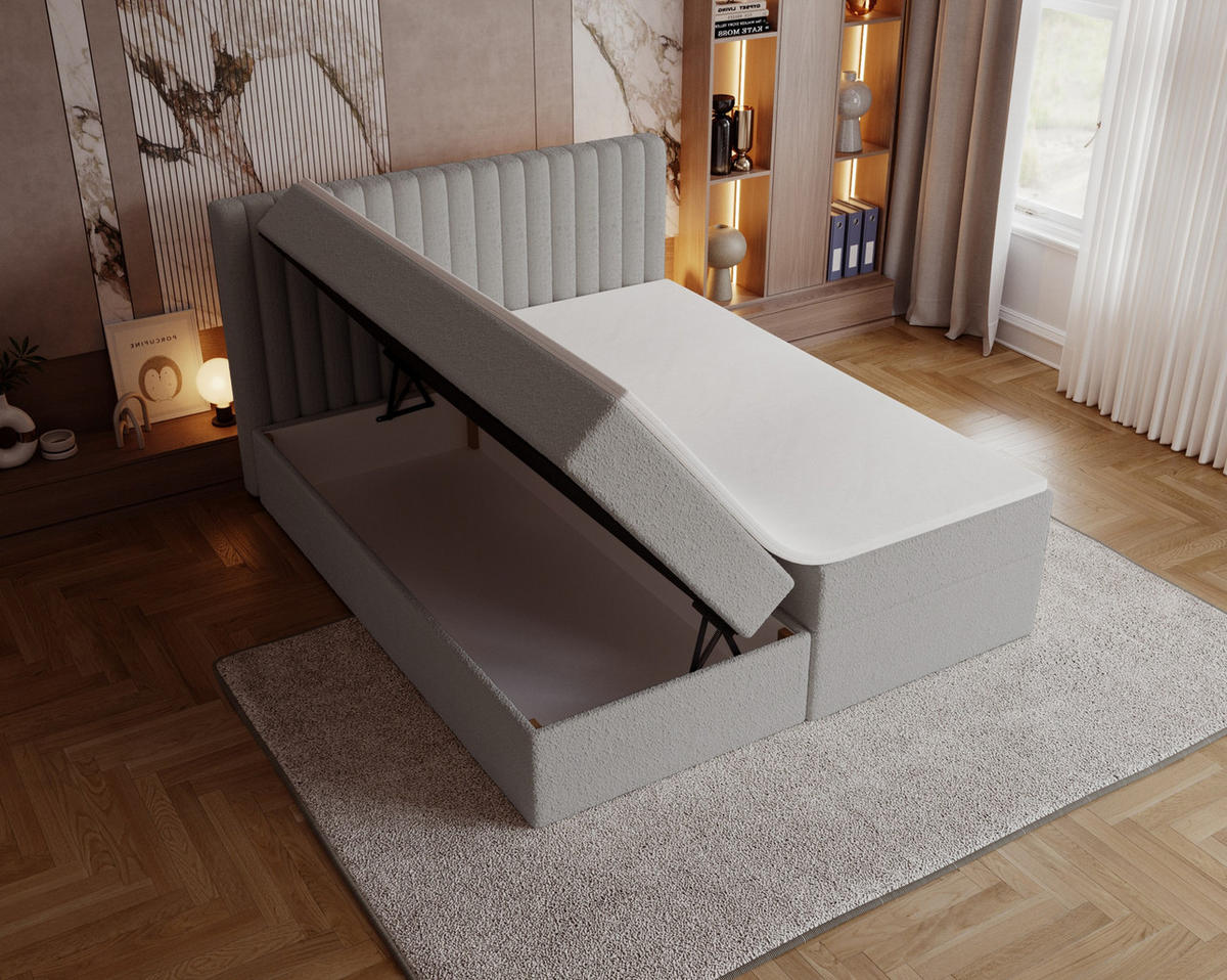 BOXSPRINGBETT Boucle 140x200 Daliro mit Bettkasten, Matratze H3, Hellgrau - Hellgrau, Holz/Textil (140/200cm) - Emporius
