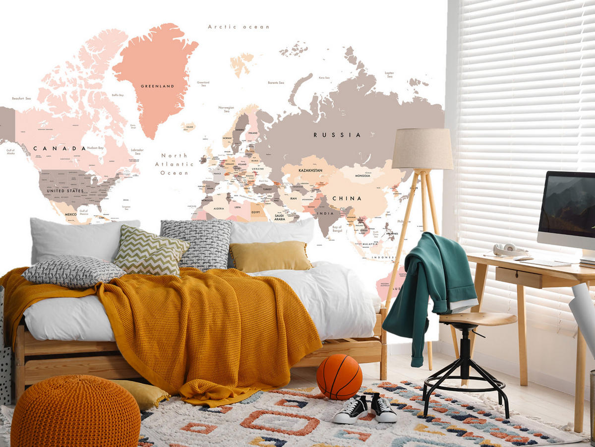 FOTOTAPETE für Büro Pastell Weltkarte Kontinente Ozean Länder 450x315 - Beige/Schwarz, Papier (450/315cm) - Muralo