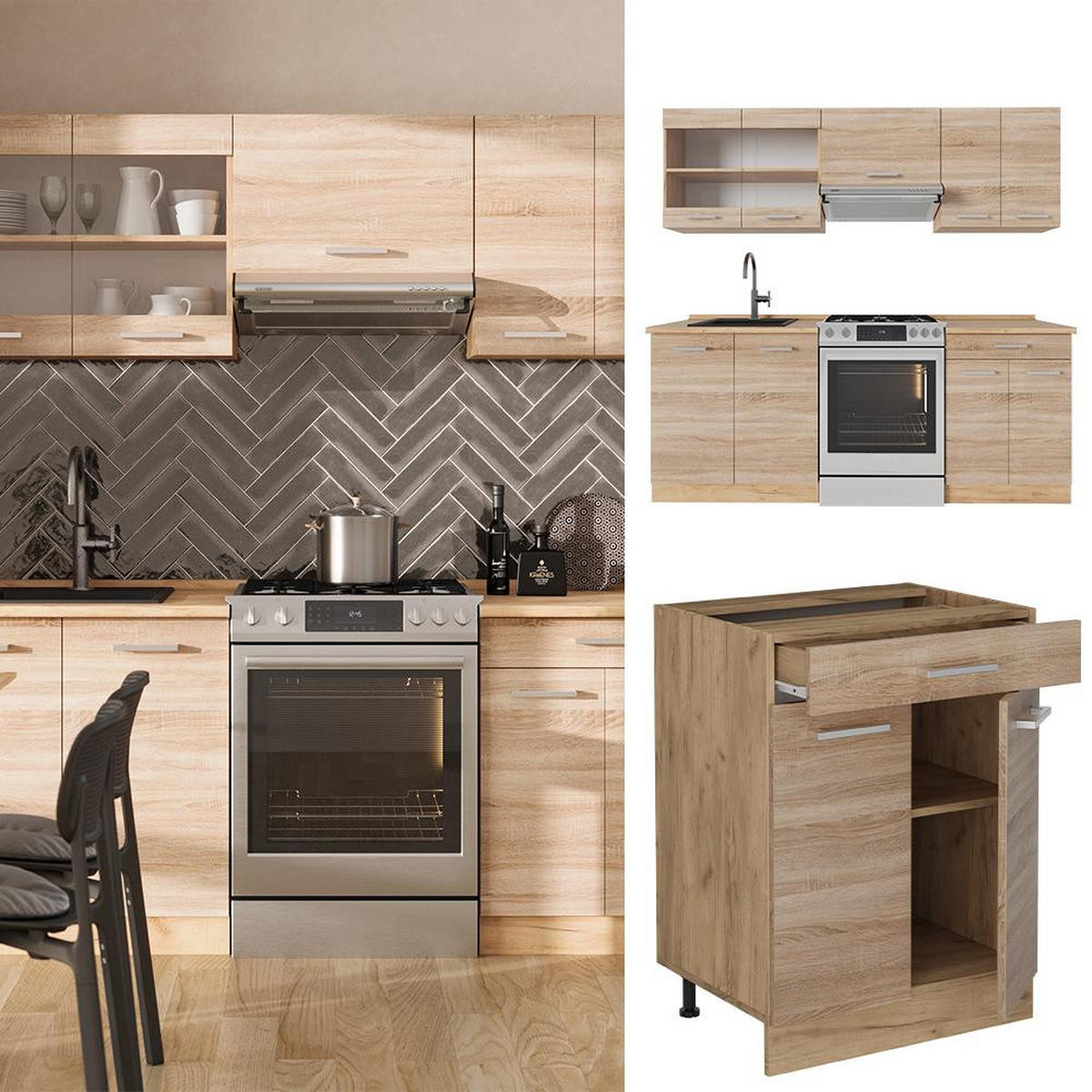 KITCHENETTE R-Line Stejar Sonoma/Goldkraft 200 cm , AP Stejar - stejar Sonoma/stejar miere, compozit lemnos (200/81.6/60cm) - Vicco