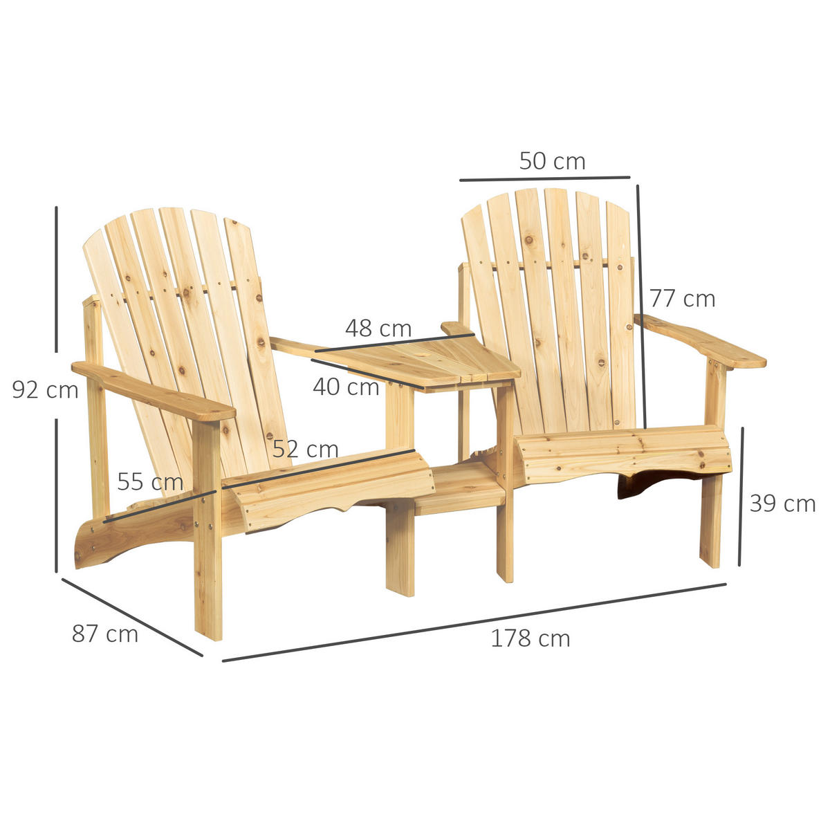 GARTENSTUHL mit Tisch und Schirmloch für Balkon Massivholz Natur 178 x 87 x 92 cm - Naturfarben, Holz (87/94/170cm) - Outsunny