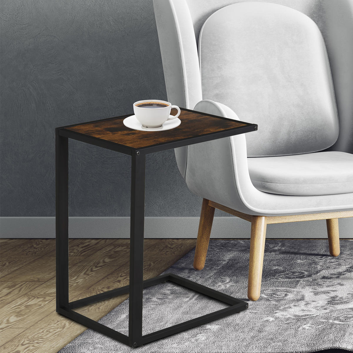 BEISTELLTISCH in C-Form Kaffeetisch Couchtisch Standtisch Tisch Metall MDF - Braun, Metall (56/36/68cm) - HOMCOM