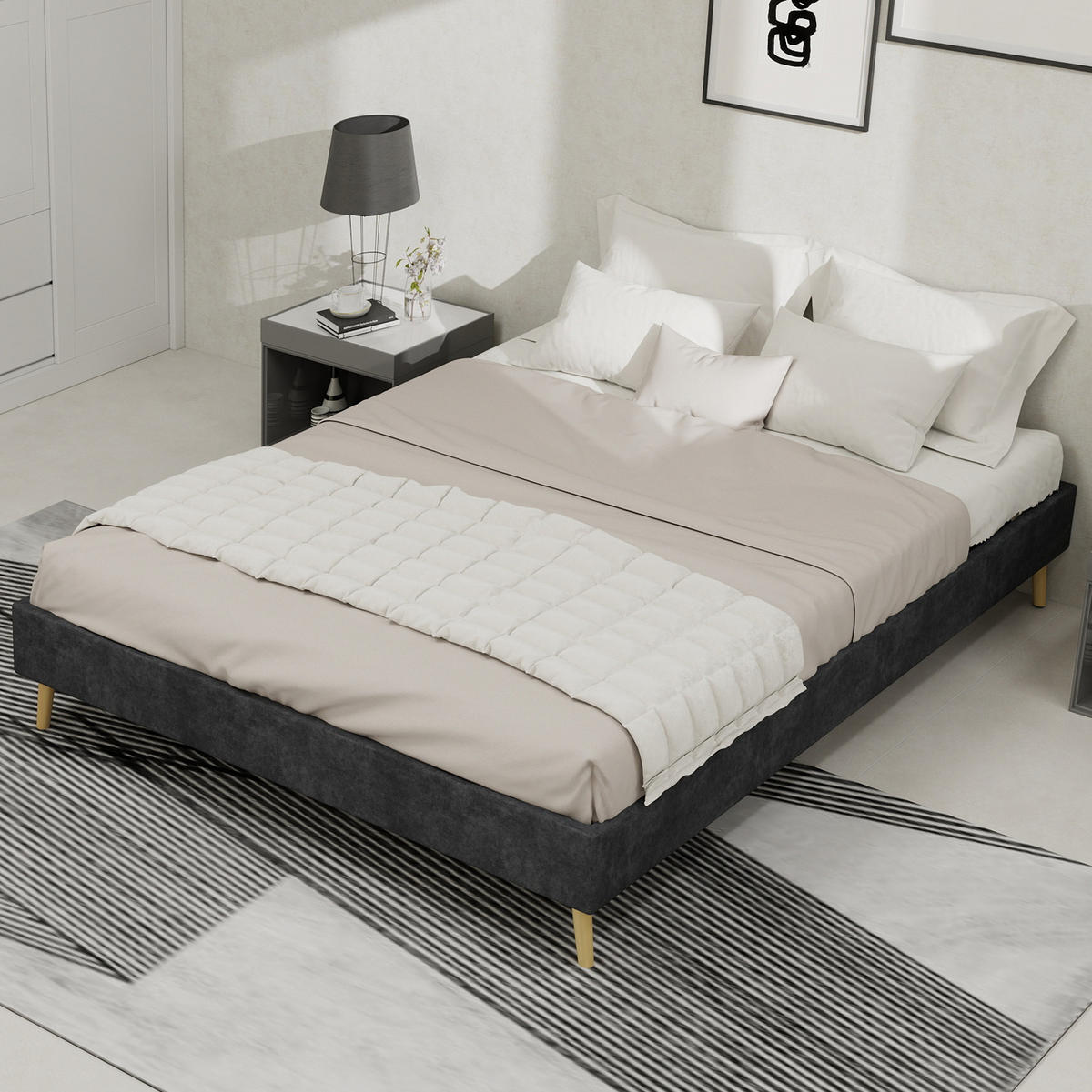 ČALÚNENÁ posteľ 140/200 cm z velúru s geometrickým čelom a lamelovým roštom, Sivá - sivá, textil (140/200cm) - Redom