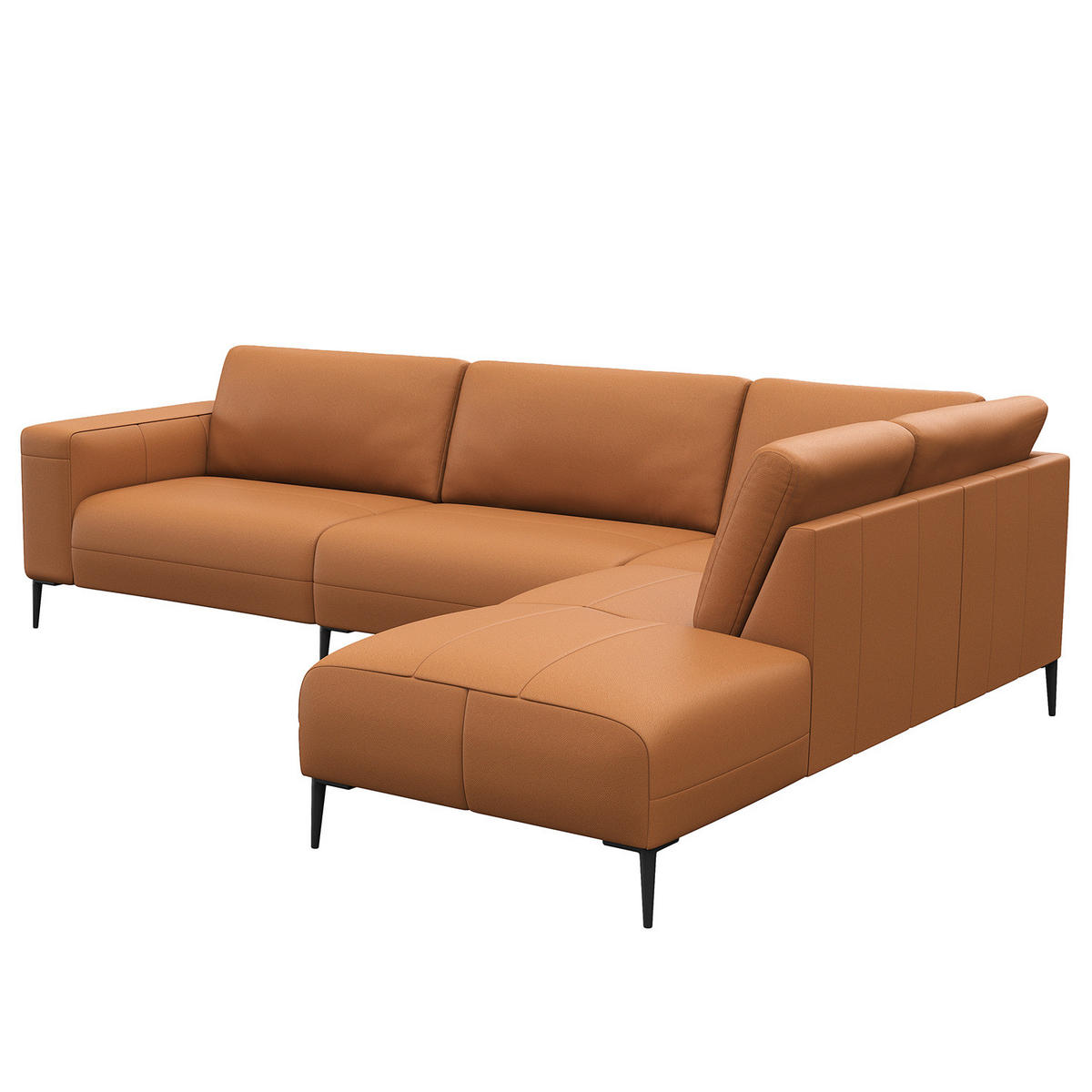 ECKSOFA mit Ottomane - Cognac/Schwarz, Leder/Metall (290/203cm) - home24