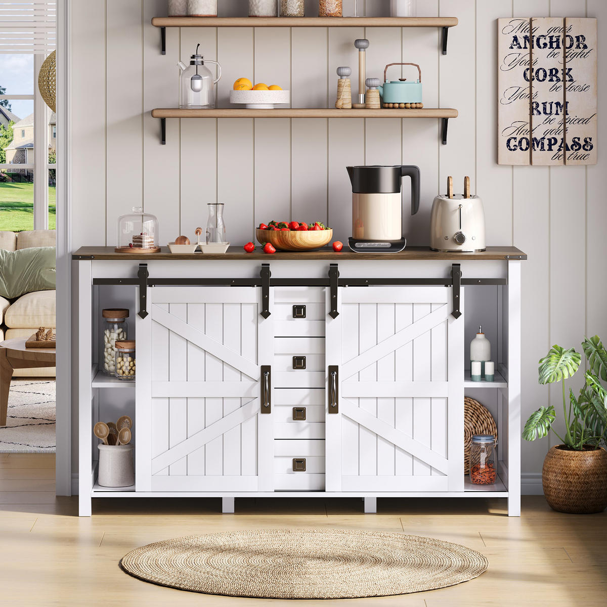 SIDEBOARD in Weiß Seitenschrank mit Schiebetüren und Schubladen für Küchen und Wohnzimmer, B137/T40/H81.5 cm - Weiß, Holzwerkstoff/Metall (137/81.5/40cm) - STILVORA