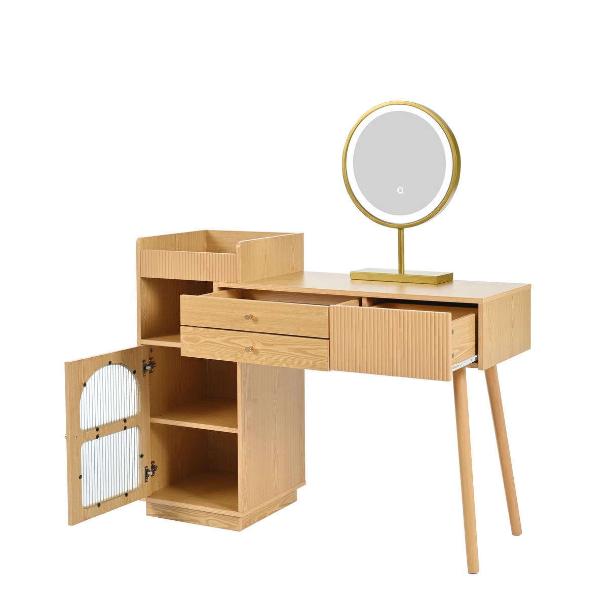 SCHMINKTISCH mit LED-Spiegel – Holzoptik, 3 Schubladen & Seitenschrank - Sonoma Eiche, Holzwerkstoff/Metall (120/90/40cm) - Urban Meuble