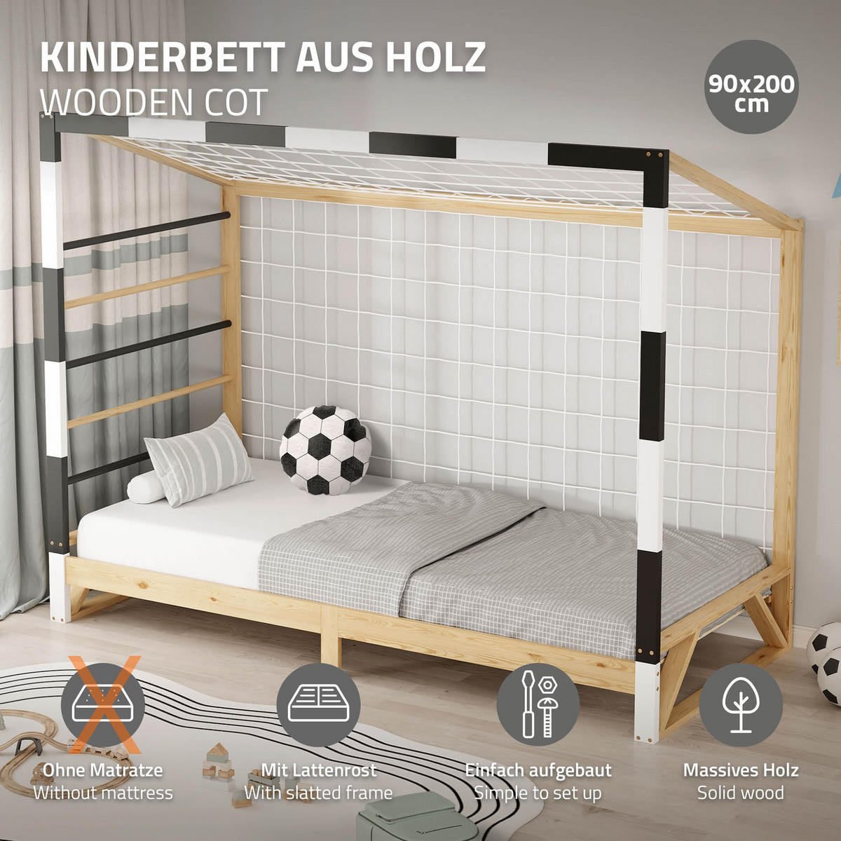 KINDERBETT Fußballtor 90x200 cm Schwarz-Weiß - Hellbraun, Holz (90/200cm) - ML-DESIGN