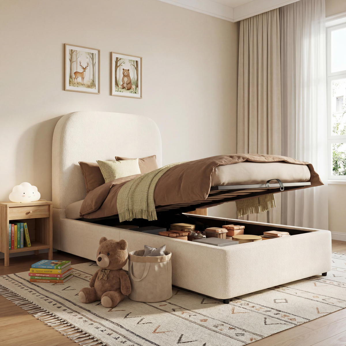 POLSTERBETT 90/200 cm in Beige mit Bettkasten und Lattenrost Bouclé - Beige, Holzwerkstoff/Textil (90/200cm) - STILVORA