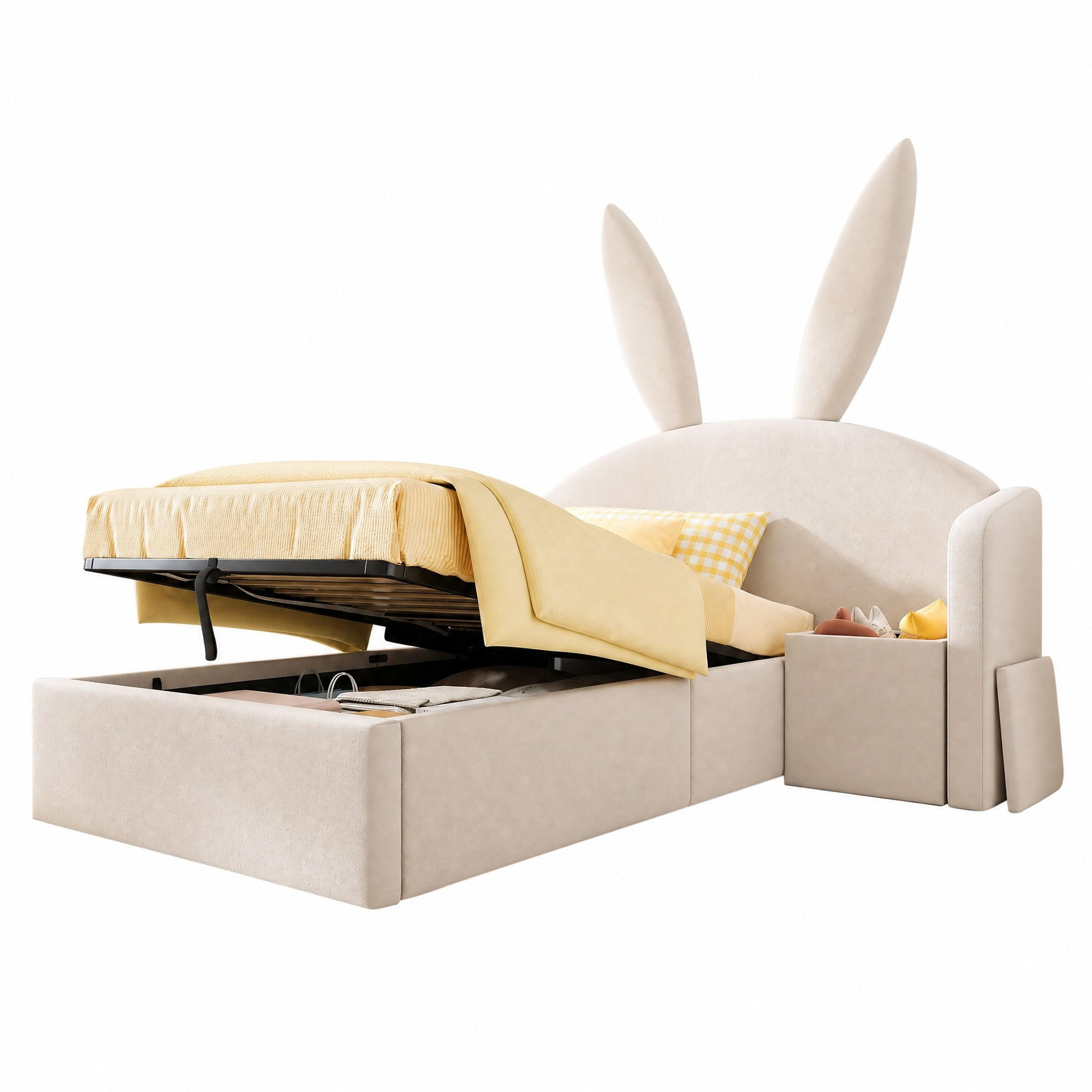 KINDERBETT 90/190 mit Hasenohren-Kopfteil, hydraulischem Stauraum und Nachttisch in Beige - Beige, Holzwerkstoff/Textil (90/190cm) - EVRYAE