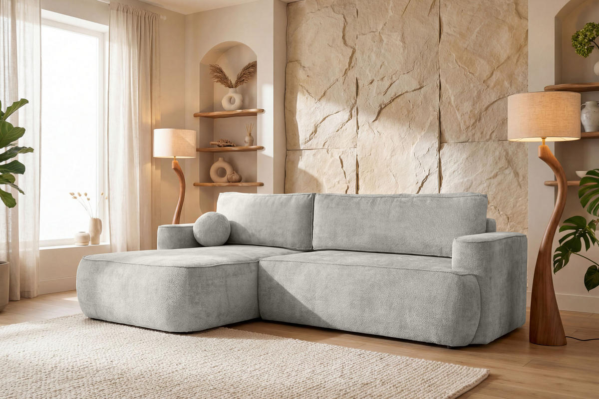 ECKSOFA Marion mit Schlaffunktion & Bettkasten in Chenille Hellgrau, Links 267/154/83 cm - Hellgrau/Schwarz, Kunststoff/Textil (267/154cm) - WFL GROUP