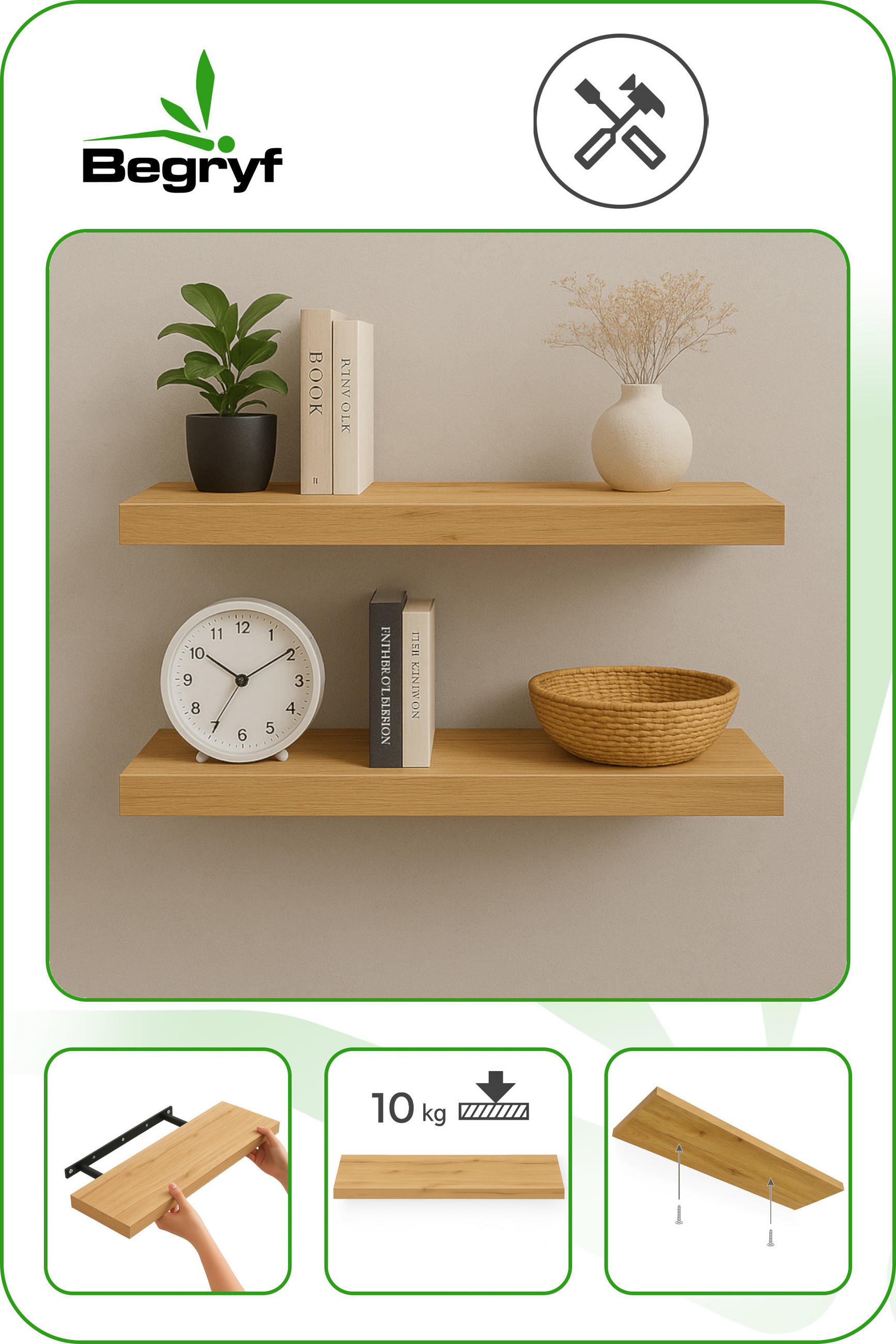 WANDREGAL Holzoptik Erlefarben 2er Set 60x20x4 cm - Erlefarben, Holzwerkstoff/Metall (20/3.8/60cm) - Begryf