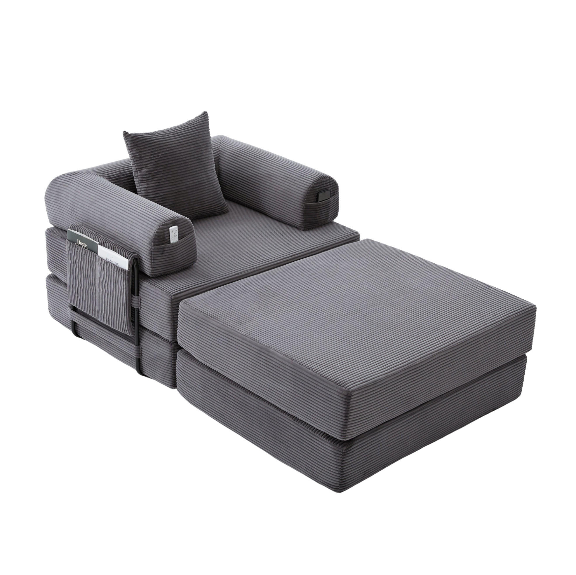 SESSEL mit Hocker 112/190/67 cm aus Cord, ergonomisch mit Seitentasche und Kissen, Dunkelgrau - Dunkelgrau, Textil (190/67/112cm) - Redom