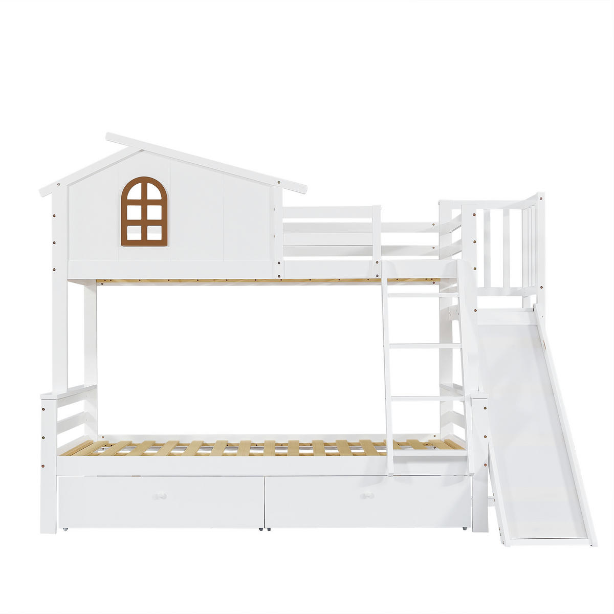 ETAGENBETT 90/200 cm weiß aus Kiefer mit Rutsche und Schubladen - Weiß, Holz (90/200cm) - OKWISH