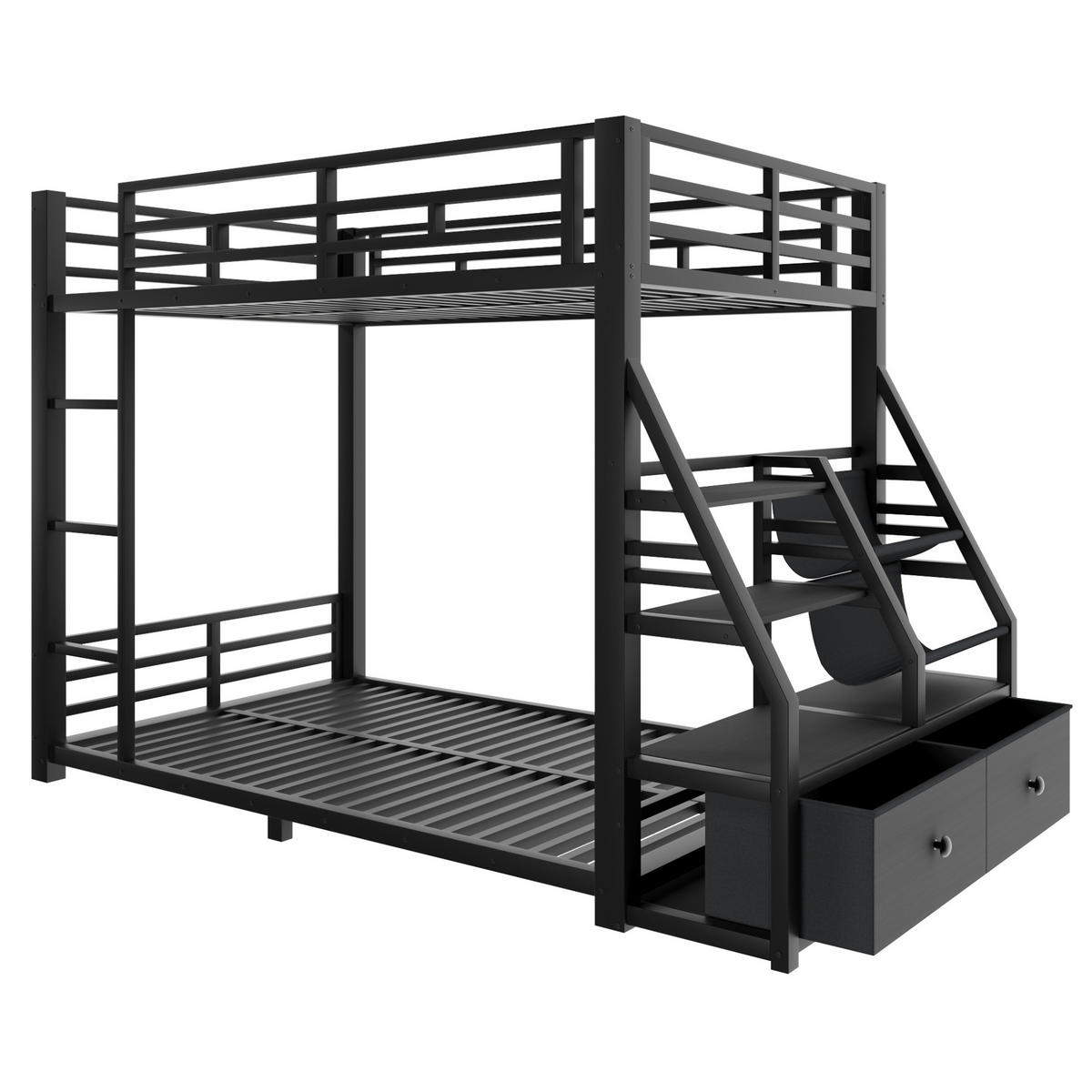 ETAGENBETT 90/200 cm aus Metall und Holz mit LED-Beleuchtung und 2 Stoffschubladen Schwarz - Schwarz, Holz (90/200cm) - Modenvie