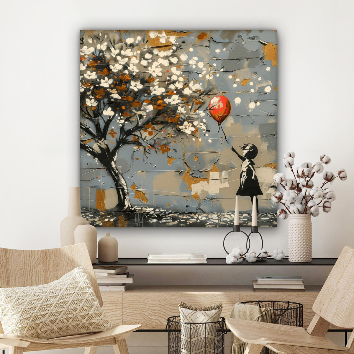 LEINWANDBILD Baum - Graffiti - Banksy-Stil - Ballon-Mädchen Deko Groß 90x90 cm - Blaugrau, Textil (90/90cm) - MuchoWow