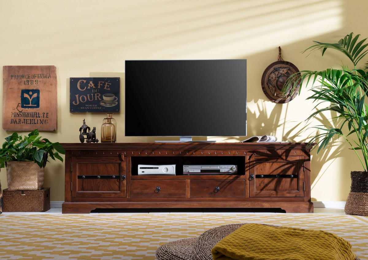 TV-BOARD Akazie 200x45x55 nougat lackiert OXFORD #326 - Dunkelbraun, Holz (200/55/45cm) - Massivmoebel24