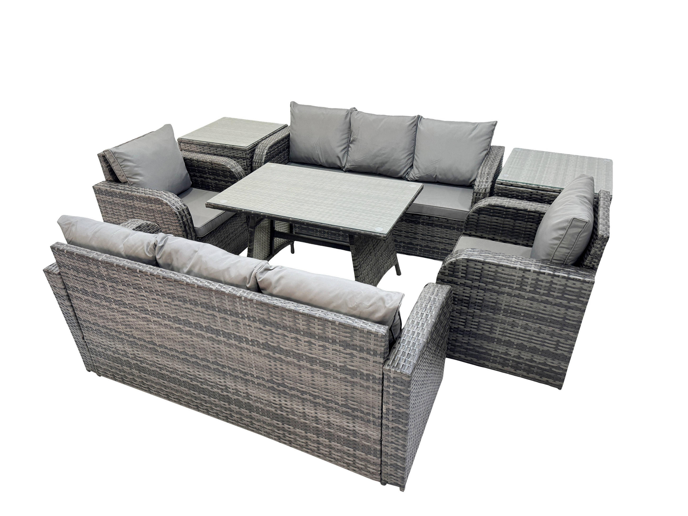 GARTENSET Hohe Rückenlehne Polyrattan 8-Sitzer - Dunkelgrau/Grau, Glas/Kunststoff - Fimous