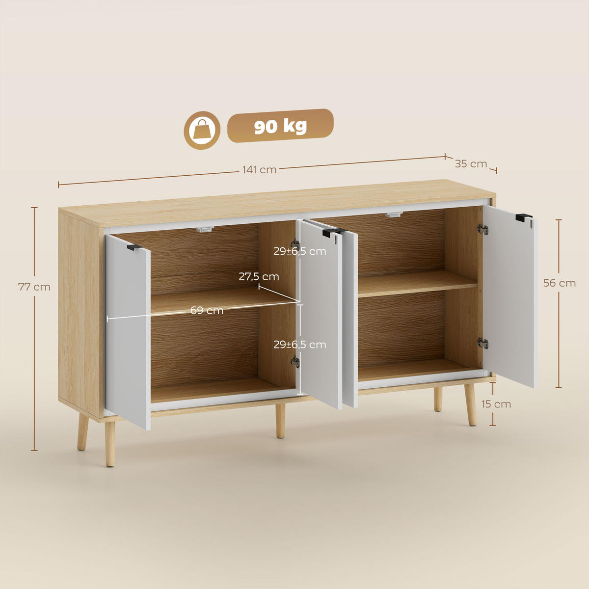SIDEBOARD DE-11234 Hochglanz, 4 Türen & verstellbare Böden Weiß/Eiche - Weiß, Holzwerkstoff (141/77/35cm) - ComfortXL