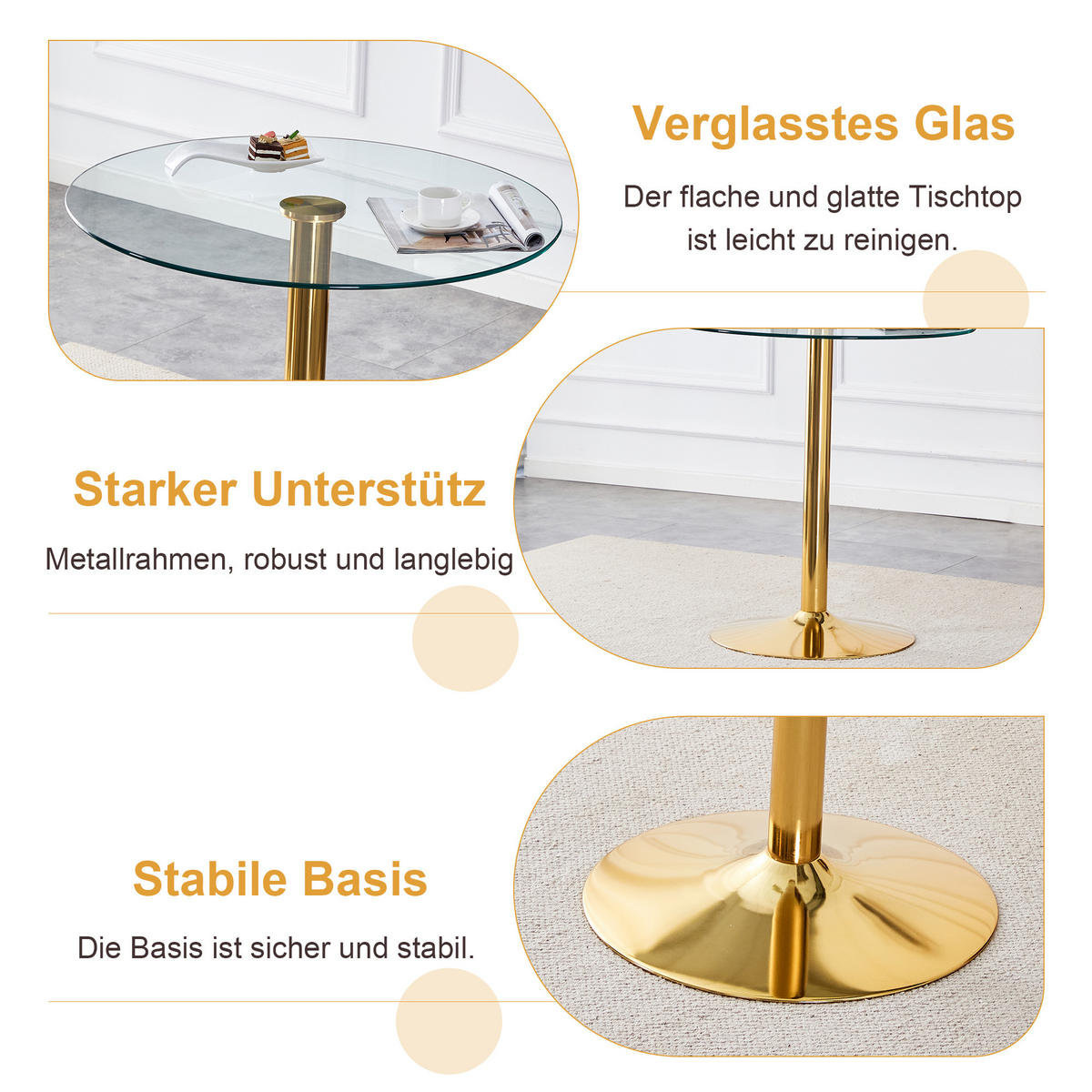 BARTISCH-SET DE-39404 3-teilig, Glastisch und 2 Hocker Gold - Goldfarben, Metall (89/92/89cm) - ComfortXL