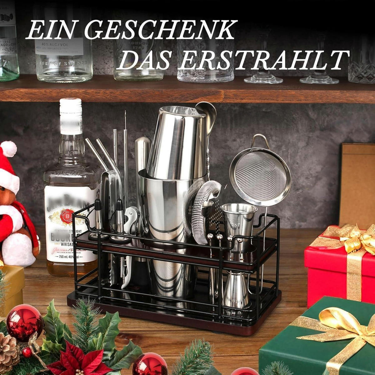 COCKTAIL Shaker Set 20-teilig Edelstahl 825 ml mit Ständer & Rezeptbuch - Silberfarben, Metall (15/15/25cm)