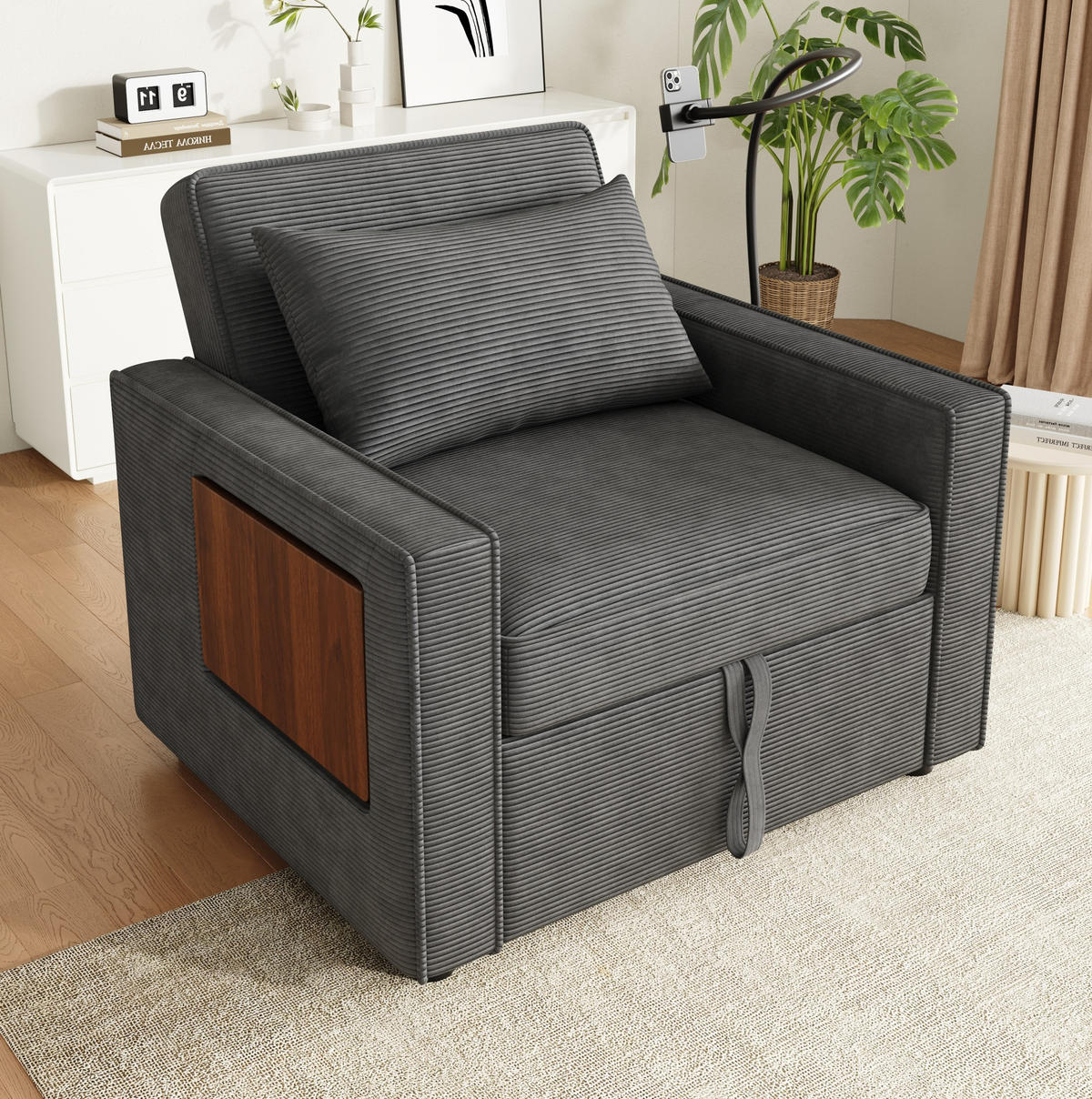 ROZKLADACIA pohovka z menčestru, 93/150/85 cm, sivé, s USB a stolíkom - sivá, textil (93/85/150cm) - BEAOK