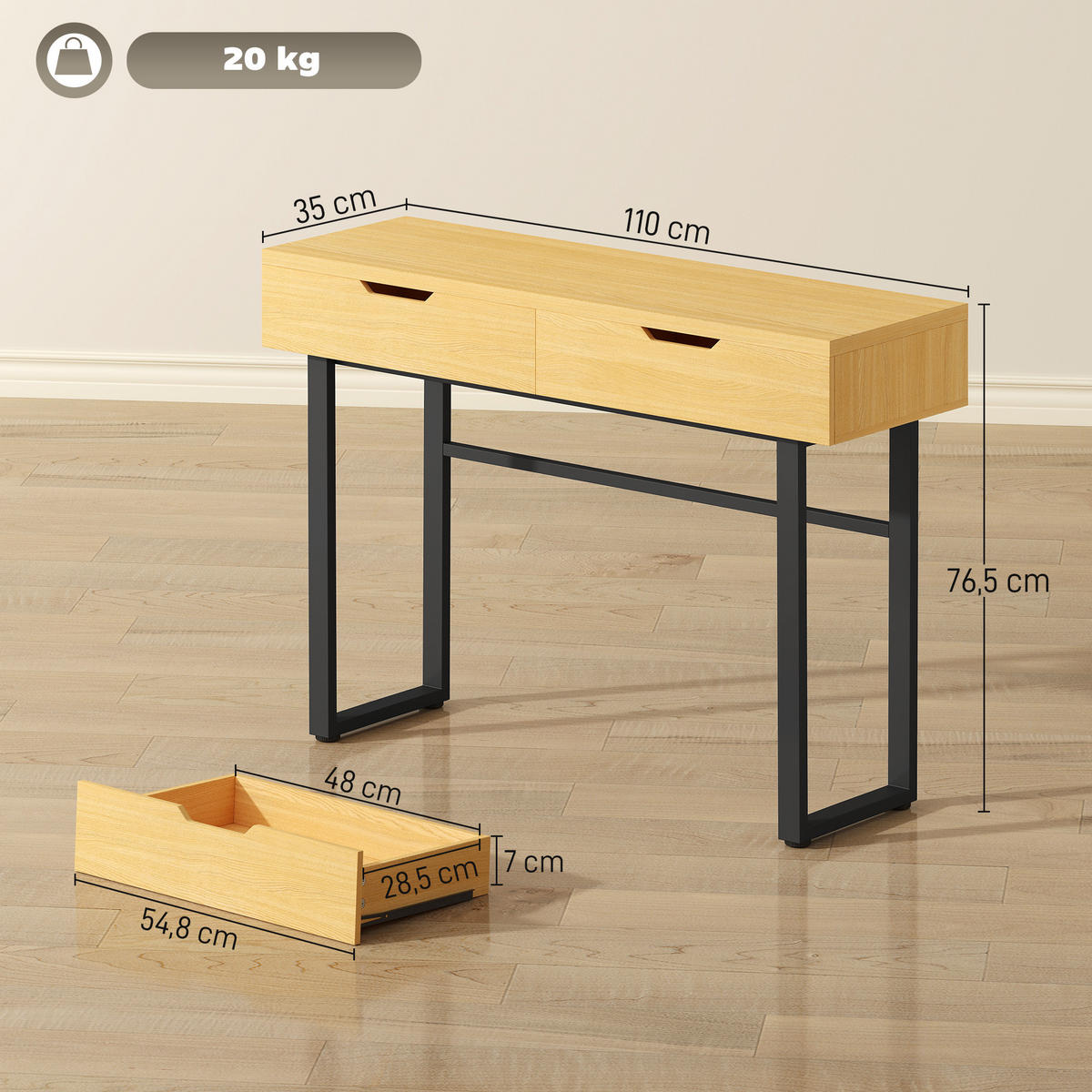 KONSOLENTISCH Schmaler Flurtisch mit 2 Schubladen, Metallrahmen, Natur - Naturfarben, Holzwerkstoff (110/35/76.5cm) - HOMCOM