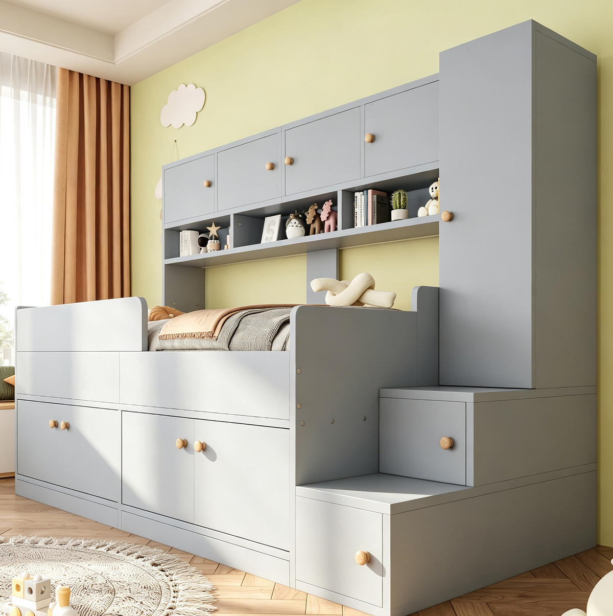 KINDERHOCHBETT 90x200 cm in Grau mit Stauraum, Kleiderschrank und LED-Beleuchtung - Grau, Holz (90/200cm) - IVMEU