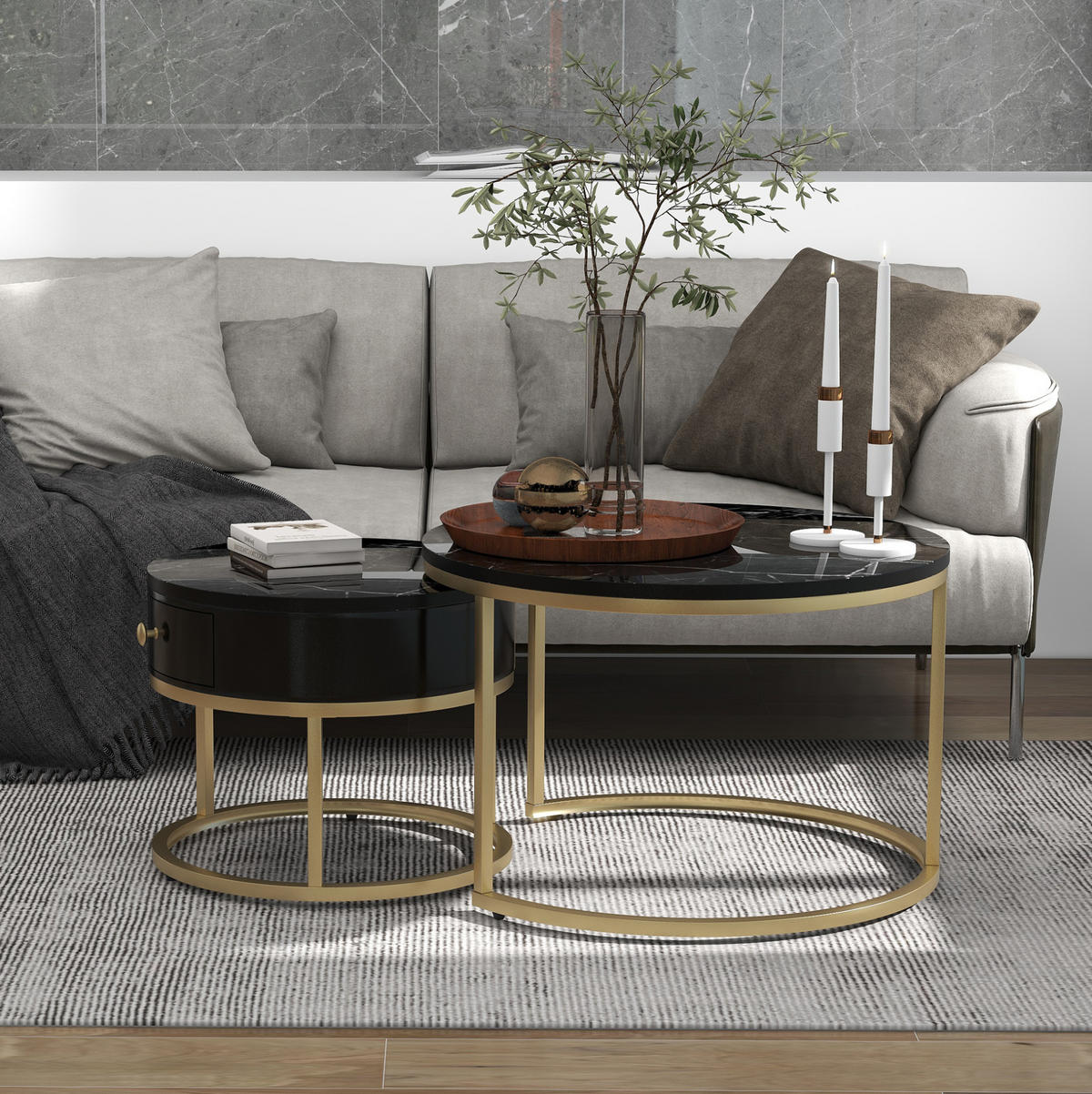 COUCHTISCH-SET 70/70/48 und 50/50/43,5 cm, rund, aus MDF mit Nesting-Design, Hochglanz-Marmormuster und Metallgestell, Schwarz - Schwarz, Holzwerkstoff (70/70/48cm) - Redom