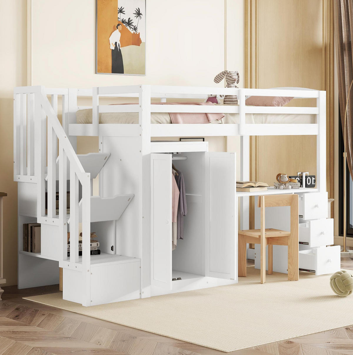 HOCHBETT 90/200 cm mit Schreibtisch, Kleiderschrank, Schubladen, Stauraumtreppe und Lattenrost aus Kiefer , Weiß - Weiß, Holzwerkstoff (90/200cm) - Redom