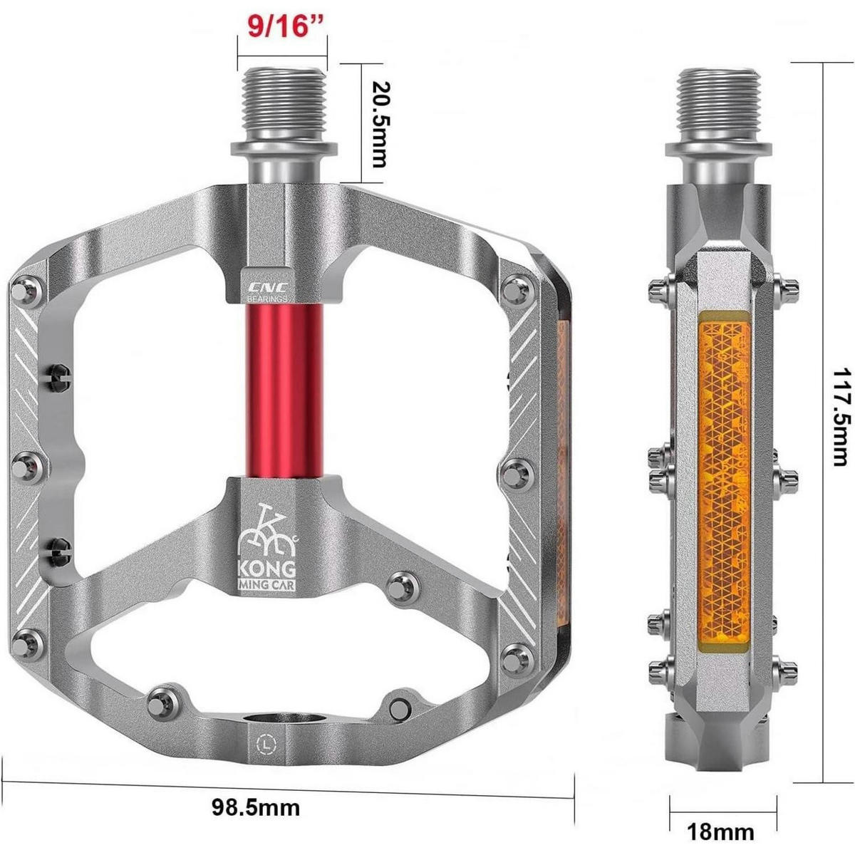 FAHRRADPEDALE Plattformpedale mit Reflektoren CNC Aluminium Silber - Silberfarben, Metall (9.9/1.5/11.8cm)