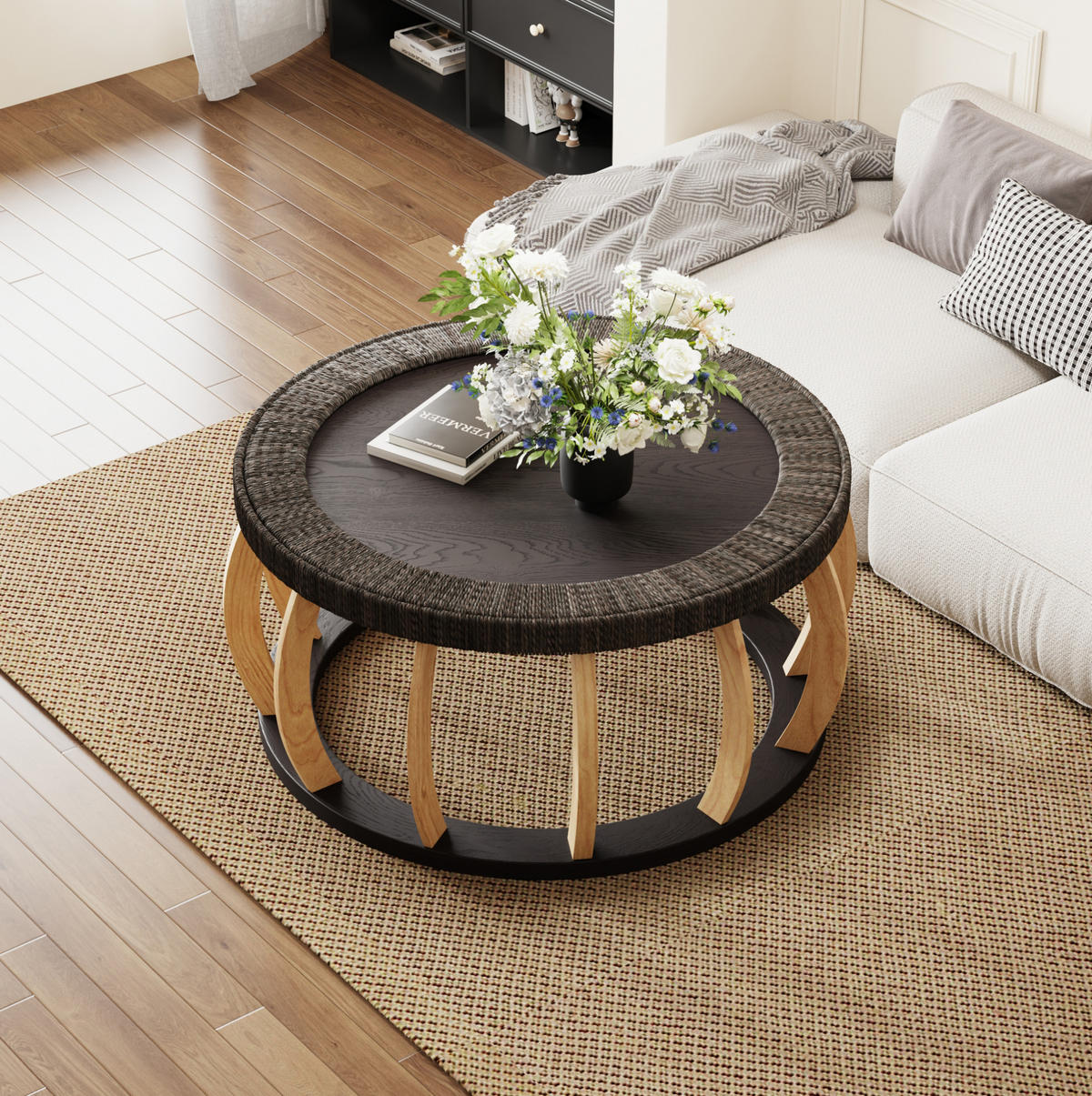 COUCHTISCH 90/90/43 cm schwarzbraun aus Massivholz und MDF mit Rattan-Optik - Schwarz, Holzwerkstoff (90/90/43cm) - OKWISH