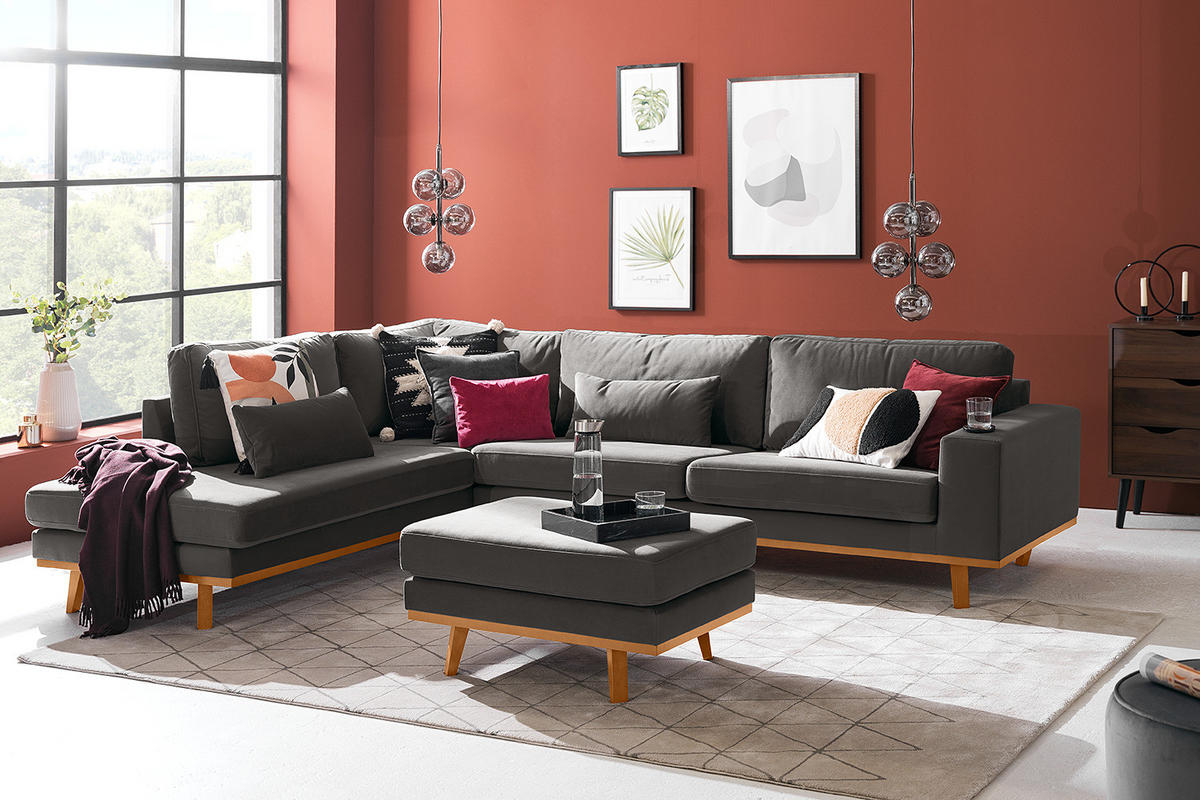 ECKSOFA mit Ottomane - Dunkelgrau/Buchefarben, Textil (287/219cm) - home24