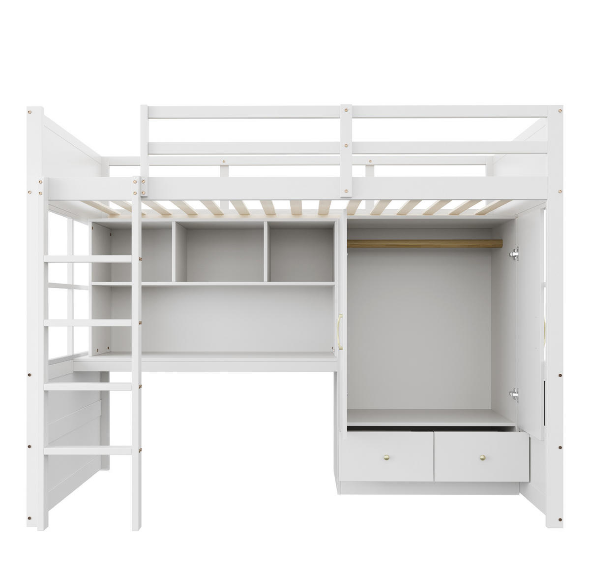 HOCHBETT aus Massivholz 90x200 cm in Weiß mit Schreibtisch & Kleiderschrank - Weiß, Holz (90/200cm) - Modfu