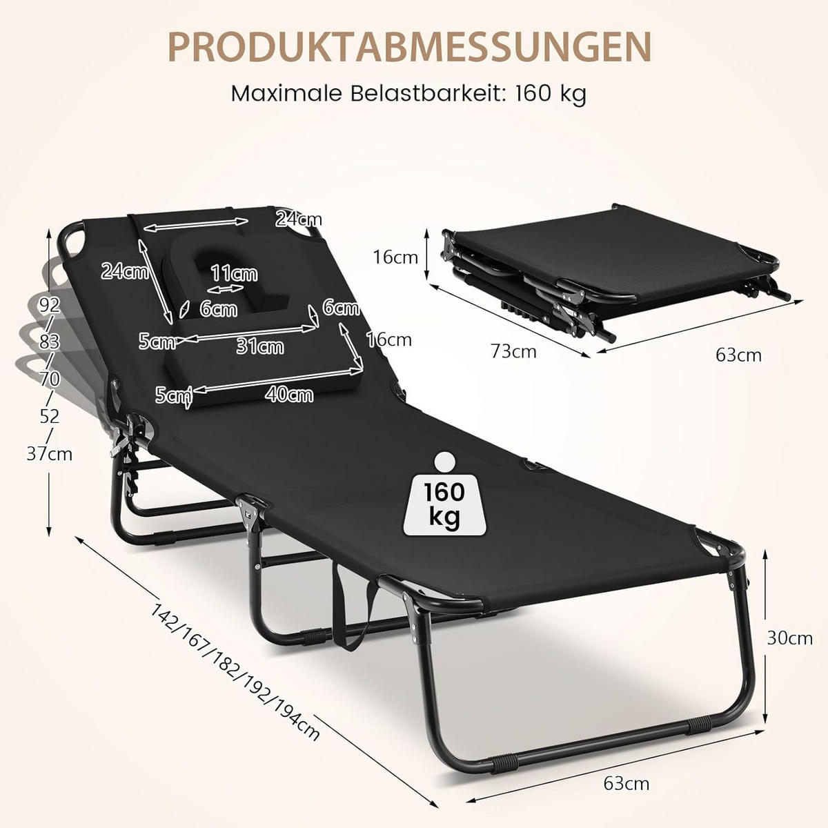 SONNENLIEGEN Schwarz - Schwarz, Metall (63/30/194cm) - COSTWAY