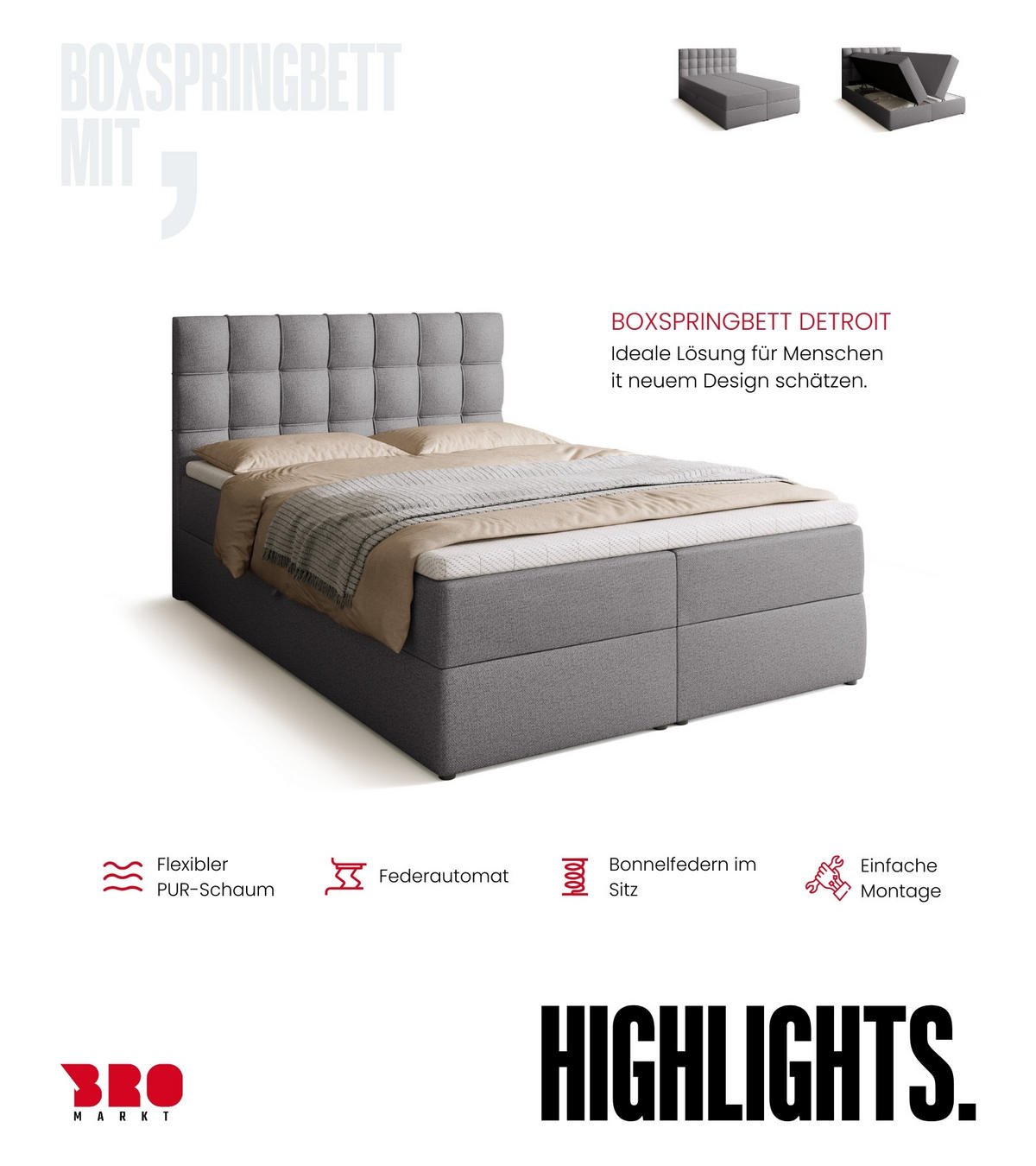 BOXBETT Detroit mit Topper 140/200 Grau - Grau, Textil (140/200cm) - Bromarkt