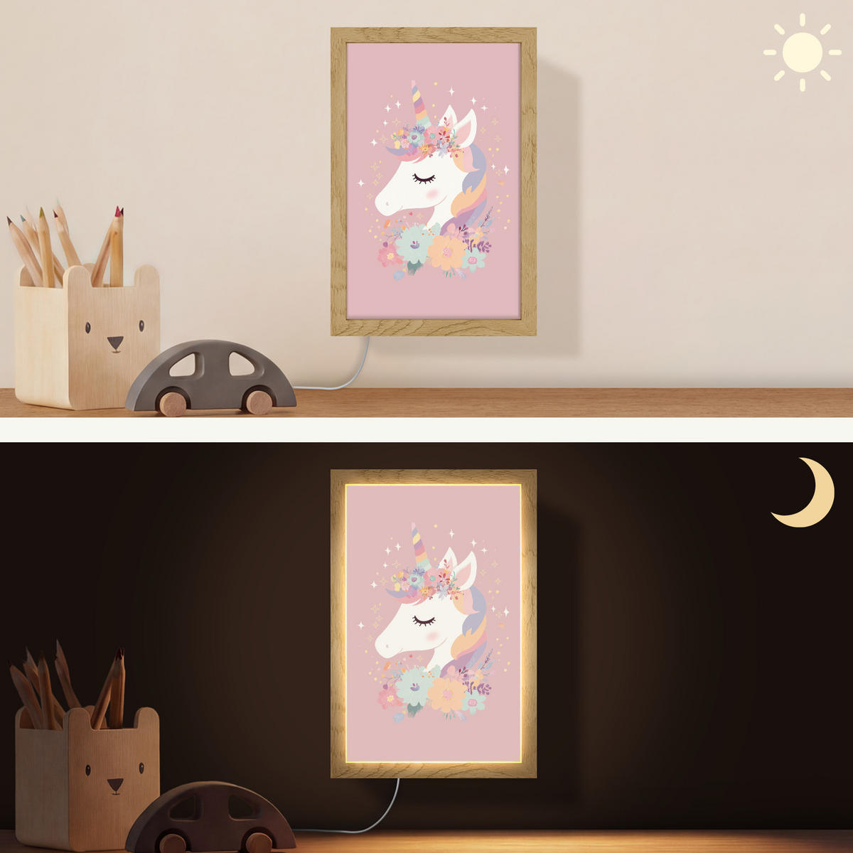 NÁSTĚNNÁ LAMPA Jednorožec - růžová - květiny 20x30 cm - růžová, kompozitní dřevo (20/30/8cm) - OnlyWow