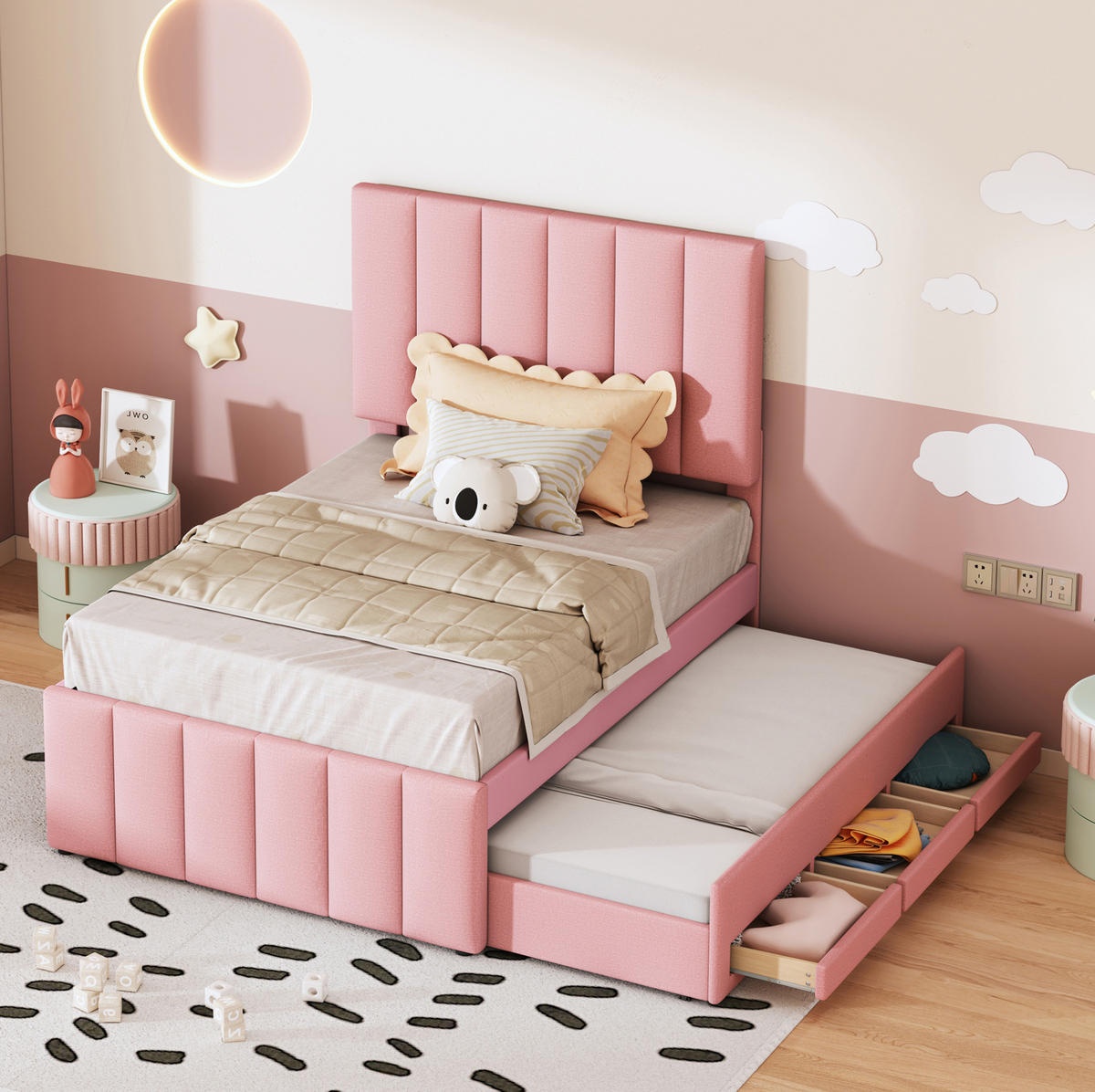 POLSTERBETT aus Leinen 90x200 cm in Rosa mit Ausziehbett & 3 Schubladen - Rosa, Textil (90/200cm) - Modfu